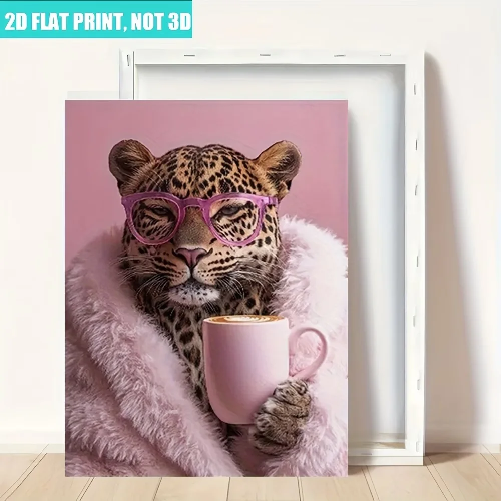 2D Flat 1pc Leopard in Pink Fur Coat Drinking Coffee Wall Art Decor, Suitable for Bedroom, Living Room