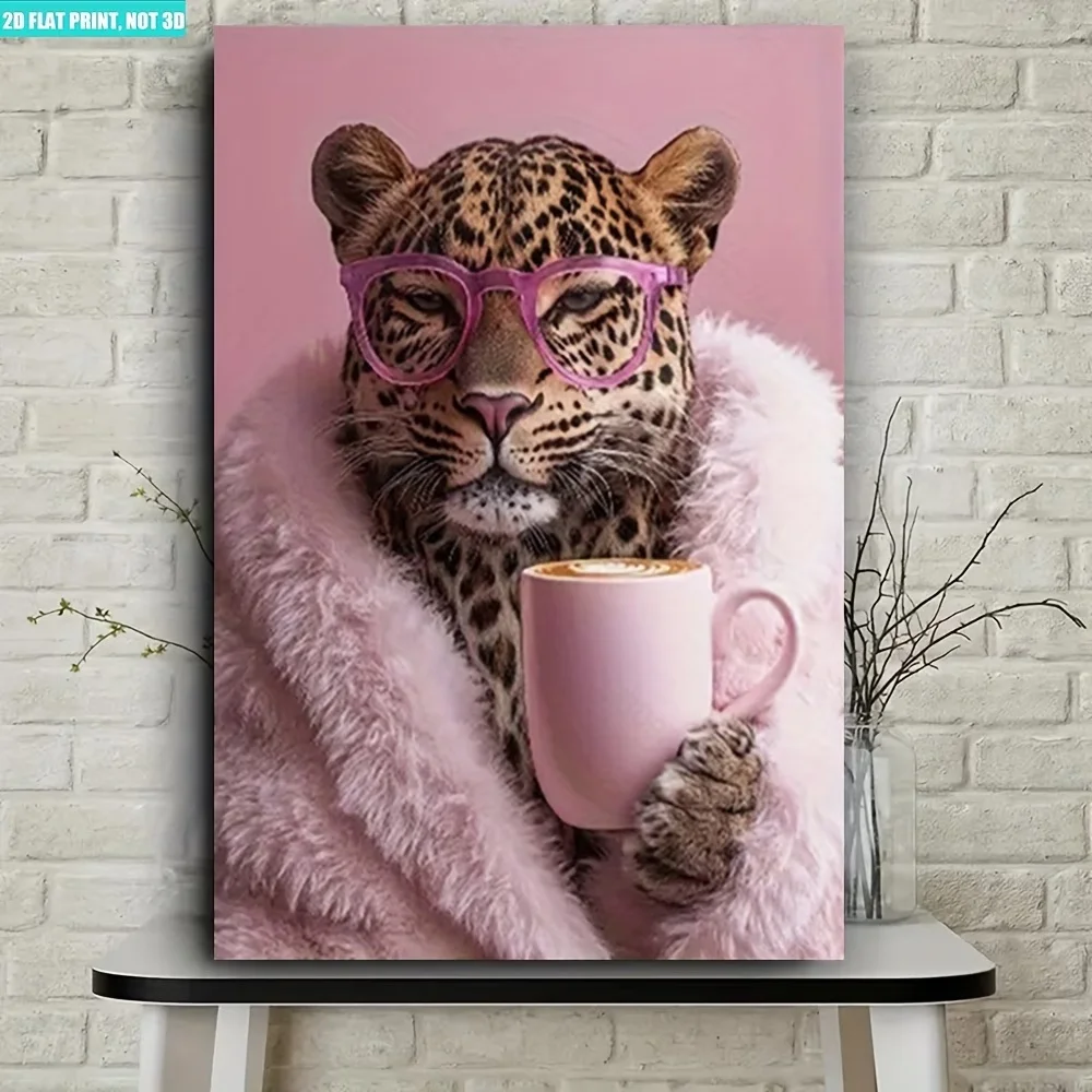 2D Flat 1pc Leopard in Pink Fur Coat Drinking Coffee Wall Art Decor, Suitable for Bedroom, Living Room
