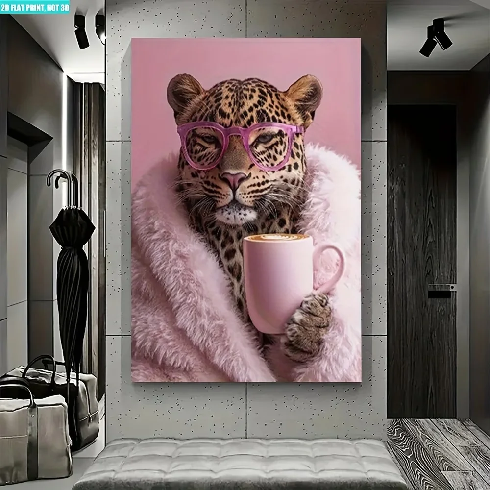2D Flat 1pc Leopard in Pink Fur Coat Drinking Coffee Wall Art Decor, Suitable for Bedroom, Living Room