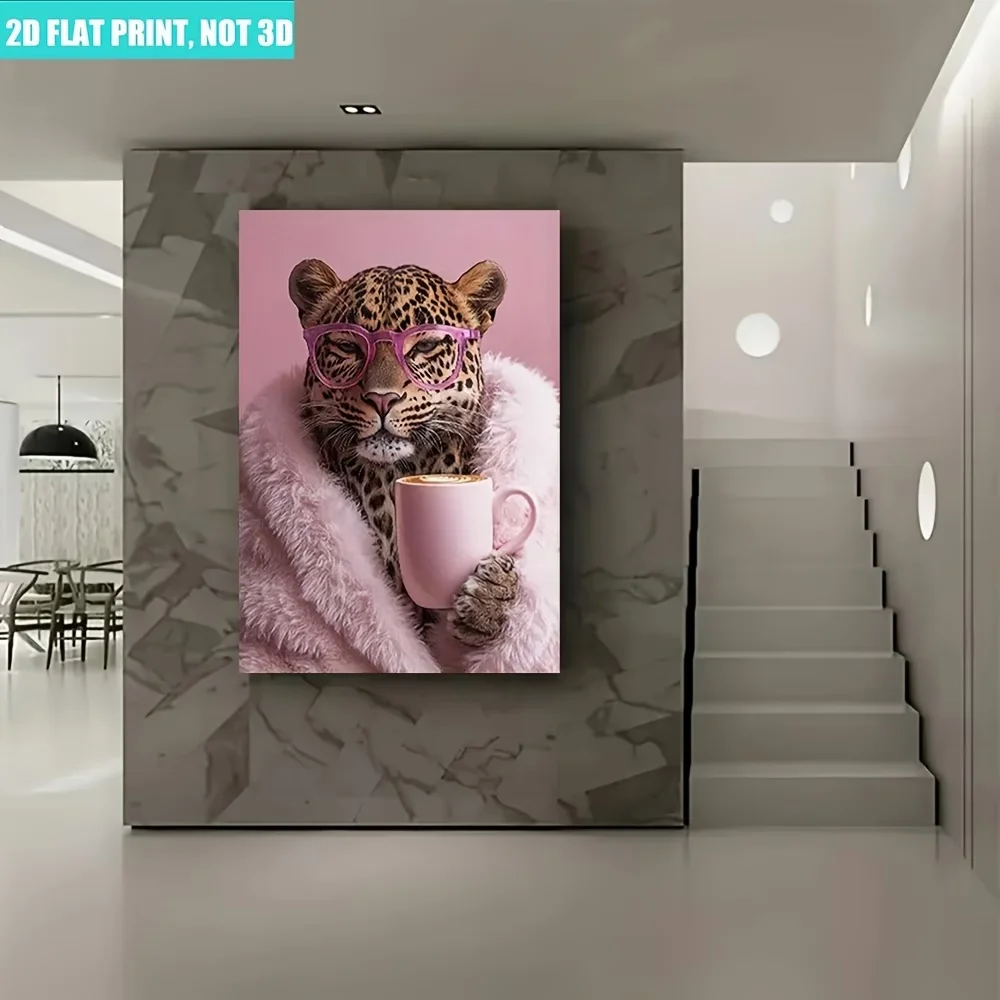 2D Flat 1pc Leopard in Pink Fur Coat Drinking Coffee Wall Art Decor, Suitable for Bedroom, Living Room