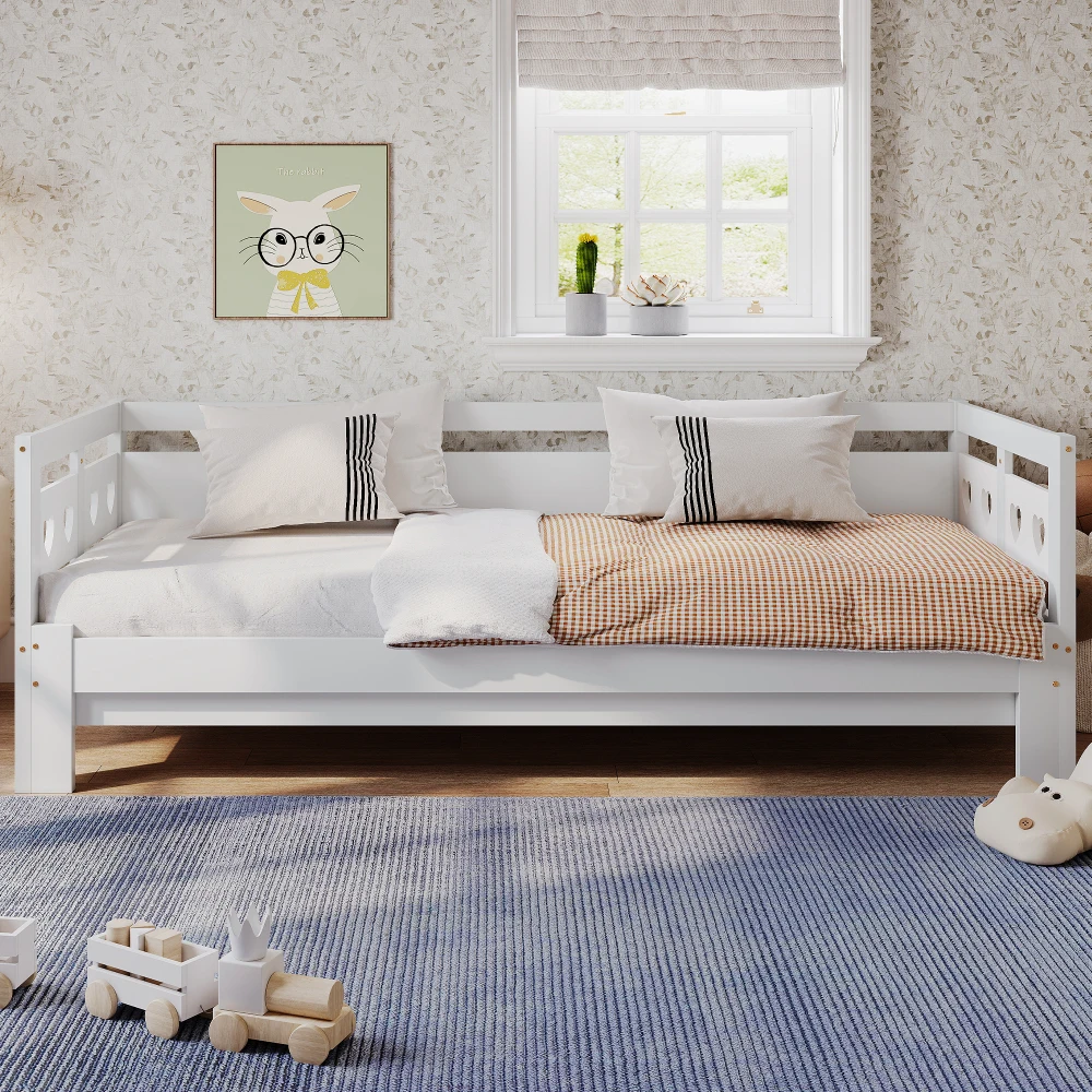 Daybed Cabin Bed Wooden 3FT Single Sofa Guest Bed Sofa Bed, Pull out Trundle Wooden Bed Heart-Shaped -90 X190 cm -White