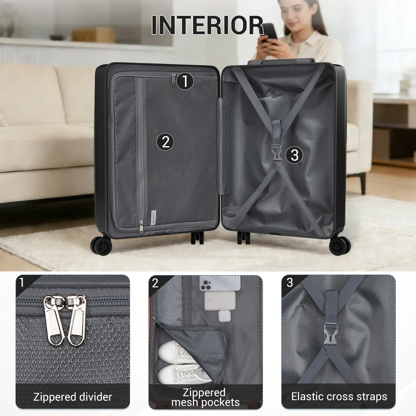Kono Lightweight ABS+PC Hardshell Carry On Luggage, 4 Dual-Spinner Wheels & TSA Lock, Approved for Ryanair & EasyJet