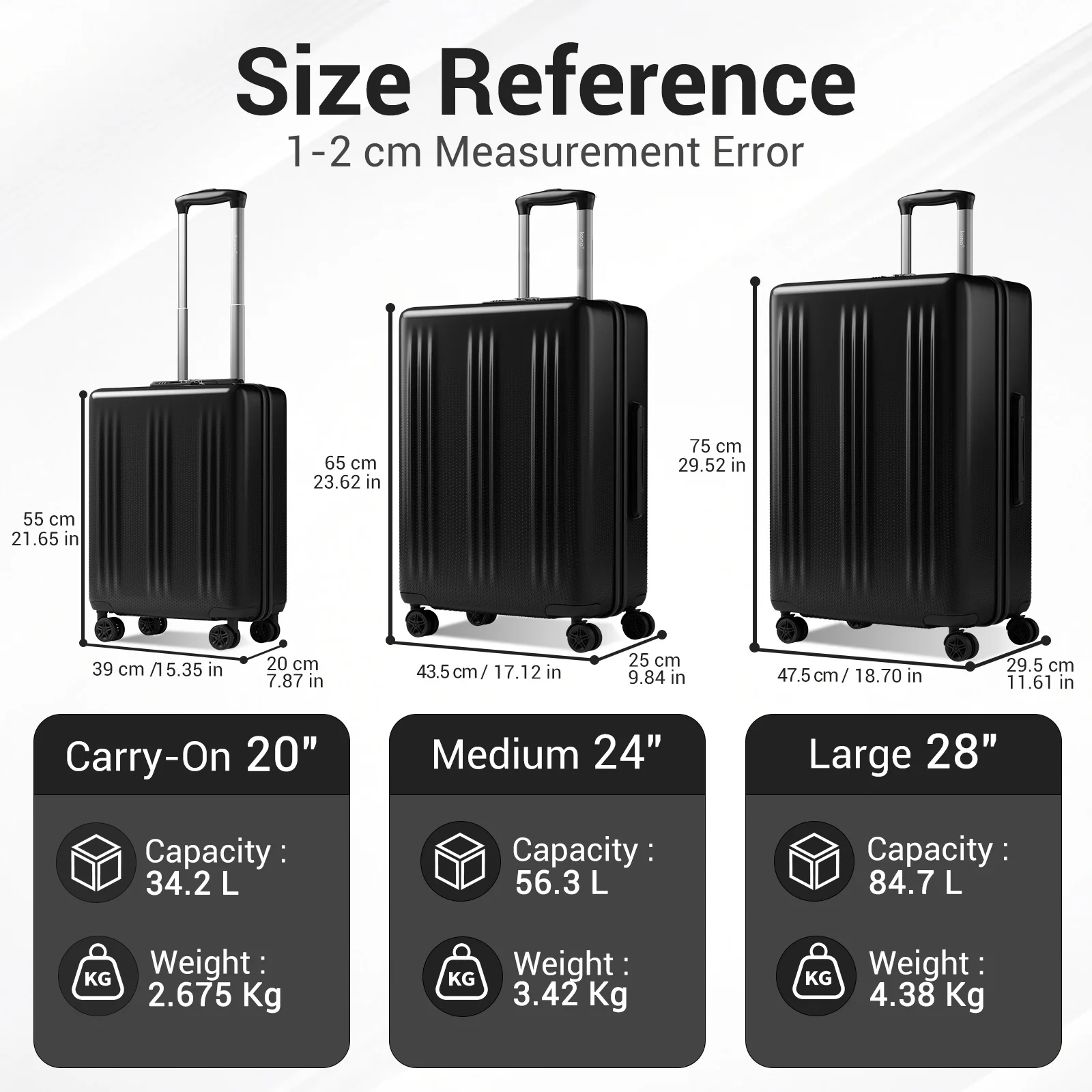 Kono Lightweight ABS+PC Hardshell Carry On Luggage, 4 Dual-Spinner Wheels & TSA Lock, Approved for Ryanair & EasyJet