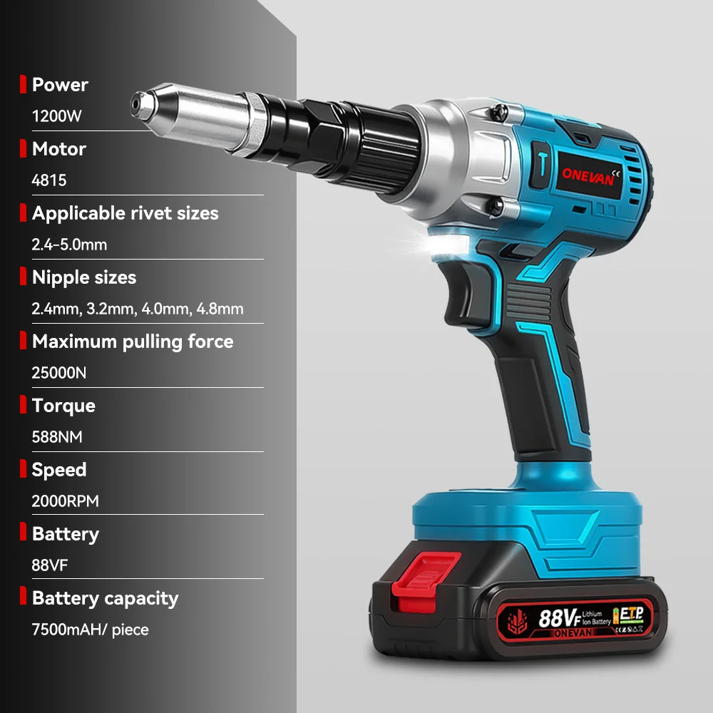 ONEVAN 20000N/25000N Brushless Electric Rivet Gun 2.4~5.0mm Cordless Rivet Nut Gun Drill Power Tool For Makita 18V Battery Pin
