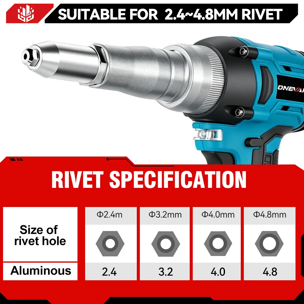 ONEVAN 20000N/25000N Brushless Electric Rivet Gun 2.4~5.0mm Cordless Rivet Nut Gun Drill Power Tool For Makita 18V Battery Pin