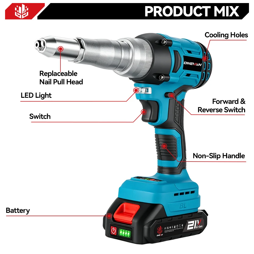 ONEVAN 20000N/25000N Brushless Electric Rivet Gun 2.4~5.0mm Cordless Rivet Nut Gun Drill Power Tool For Makita 18V Battery Pin