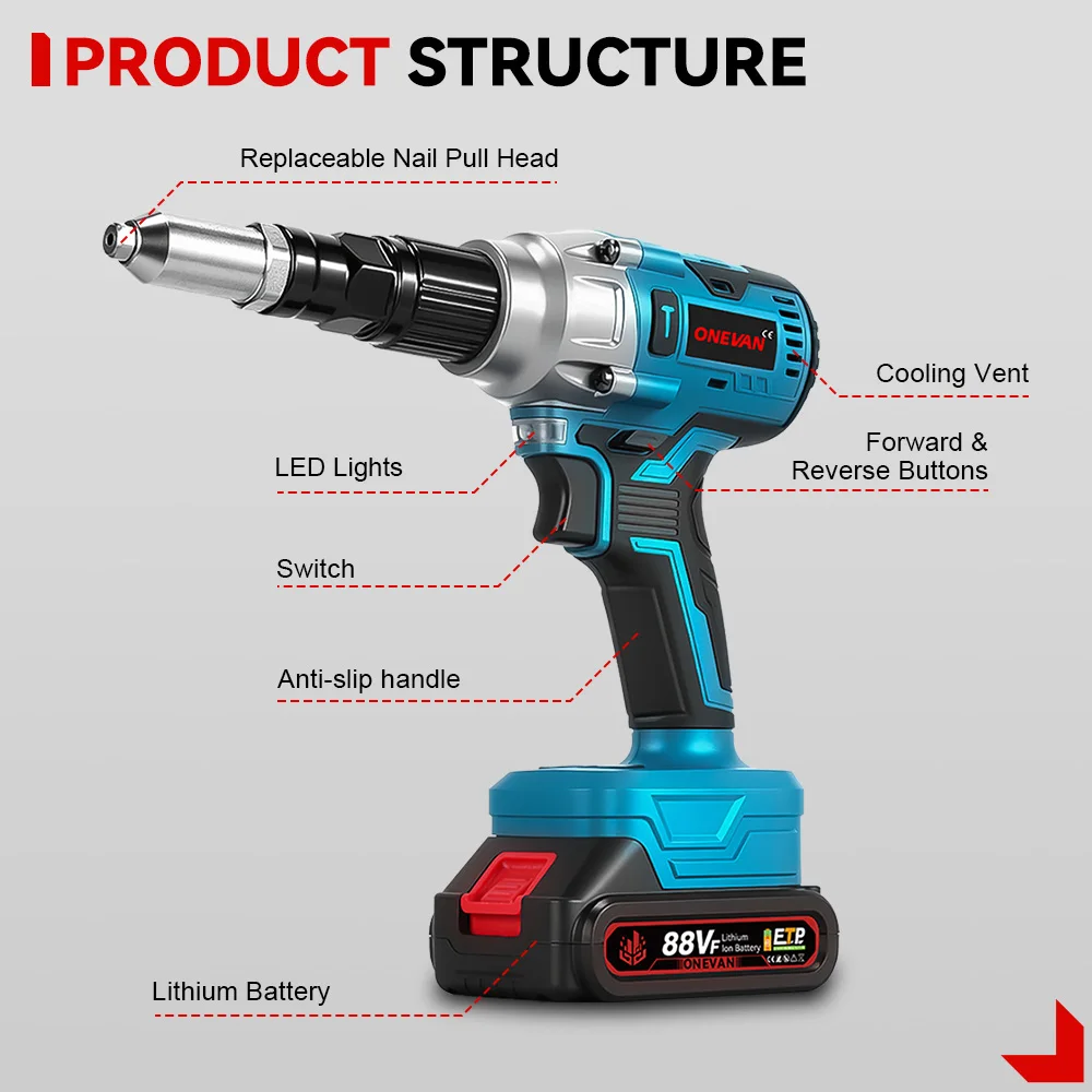 ONEVAN 20000N/25000N Brushless Electric Rivet Gun 2.4~5.0mm Cordless Rivet Nut Gun Drill Power Tool For Makita 18V Battery Pin