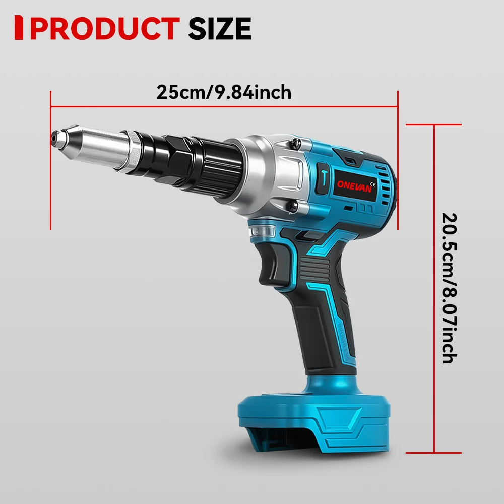 ONEVAN 20000N/25000N Brushless Electric Rivet Gun 2.4~5.0mm Cordless Rivet Nut Gun Drill Power Tool For Makita 18V Battery Pin