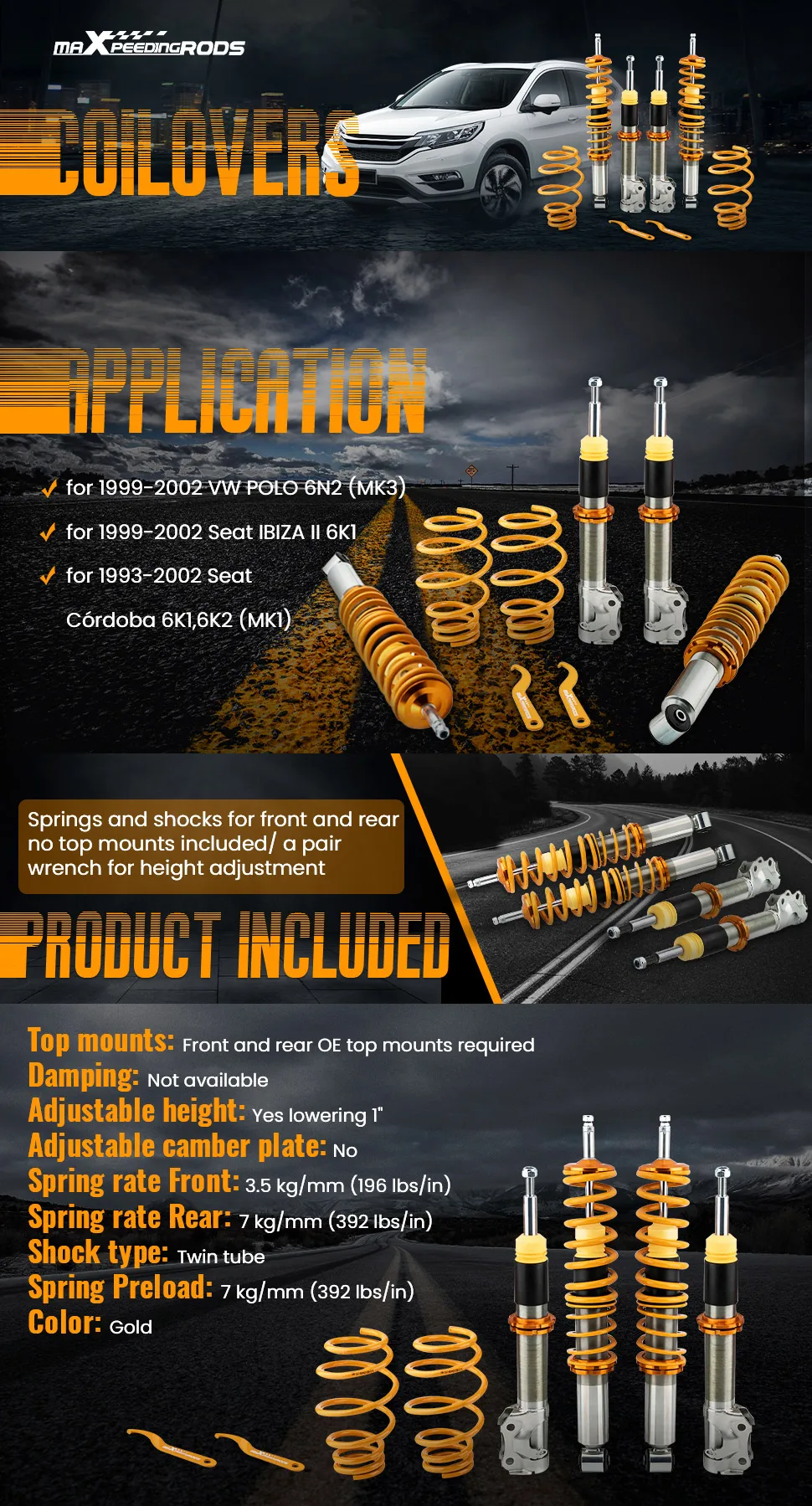 Street Coilovers for VW POLO Mark3 6N2 1.4TDi GTi 1999-2003 Coil Spring Absorber Coilovers Suspension Shock Struts Lowering Kit