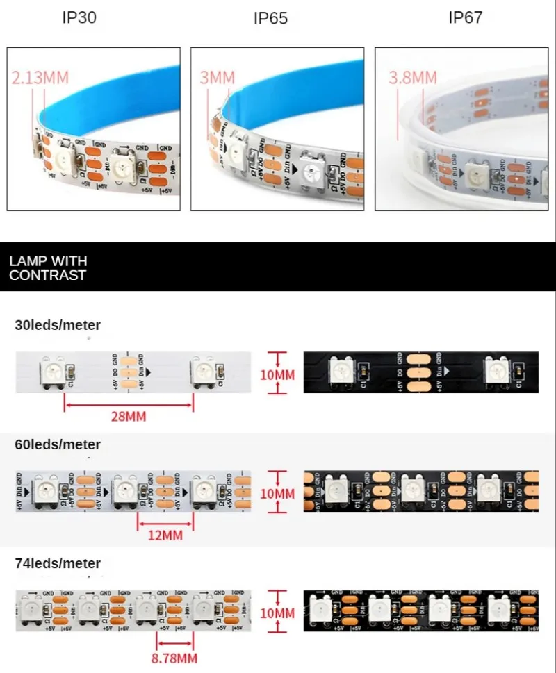 WS2812B Led Strip DC5V 30/60/74/96/144 leds/m WS2812 Black/White PCB IP30/65/67 Smart RGB Individually Addressable Led Light