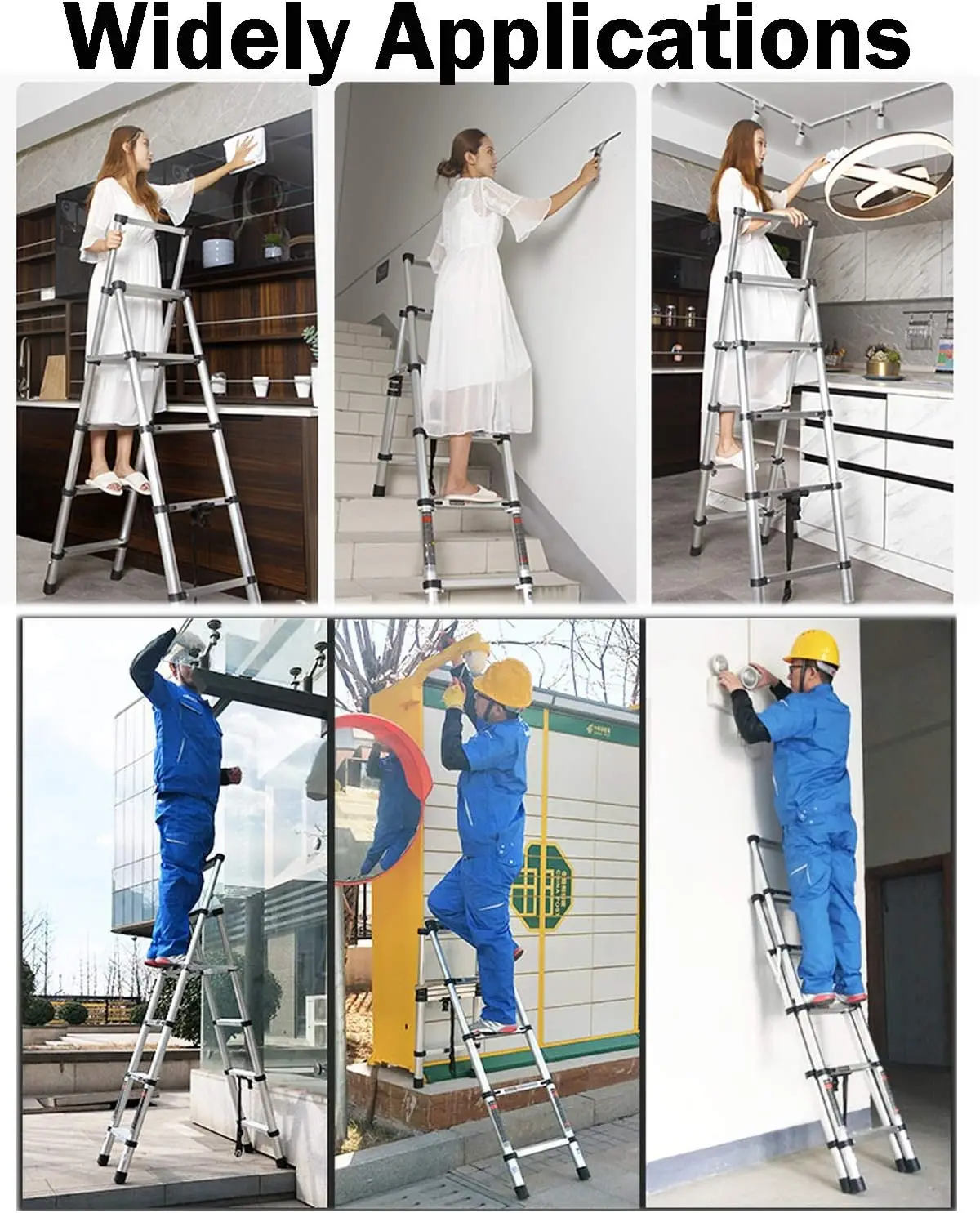 6+7 Steps Aluminium Extension Ladder Telescopic Ladder, Portable, A-Frame Multi-Purpose Anti-Slip Extendable Loft Ladder 150kg