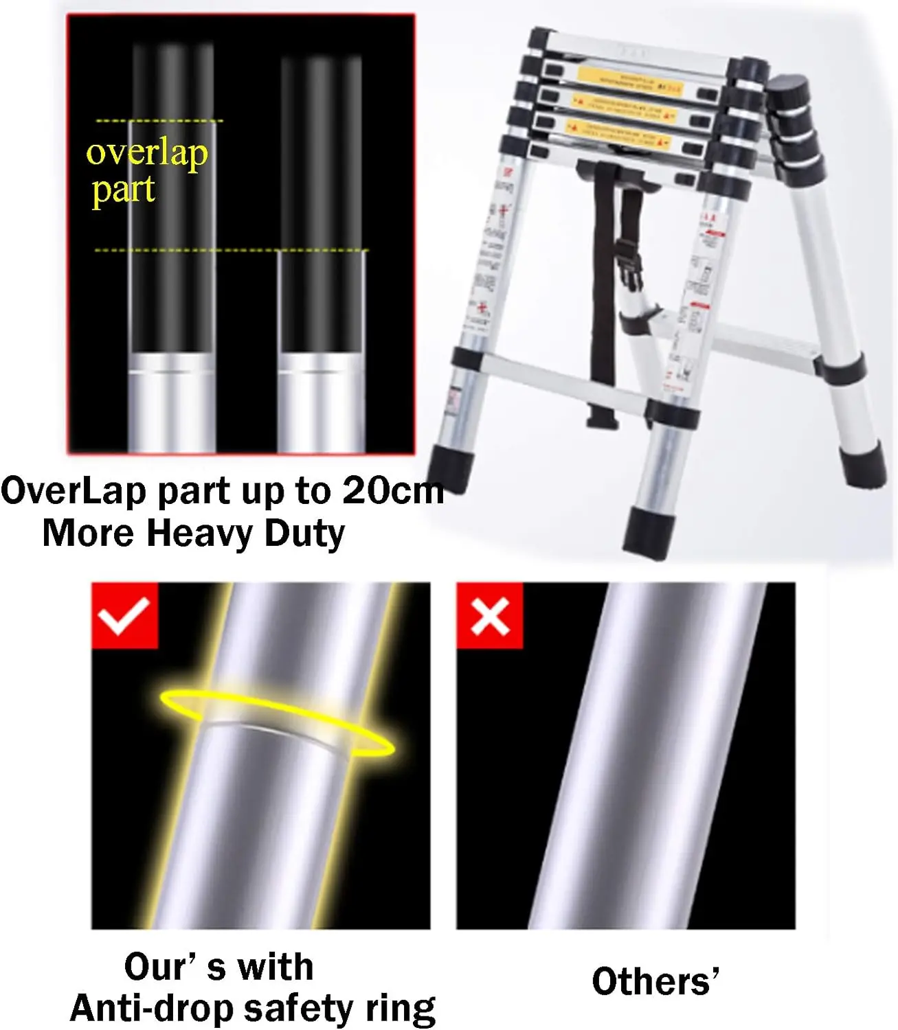 6+7 Steps Aluminium Extension Ladder Telescopic Ladder, Portable, A-Frame Multi-Purpose Anti-Slip Extendable Loft Ladder 150kg