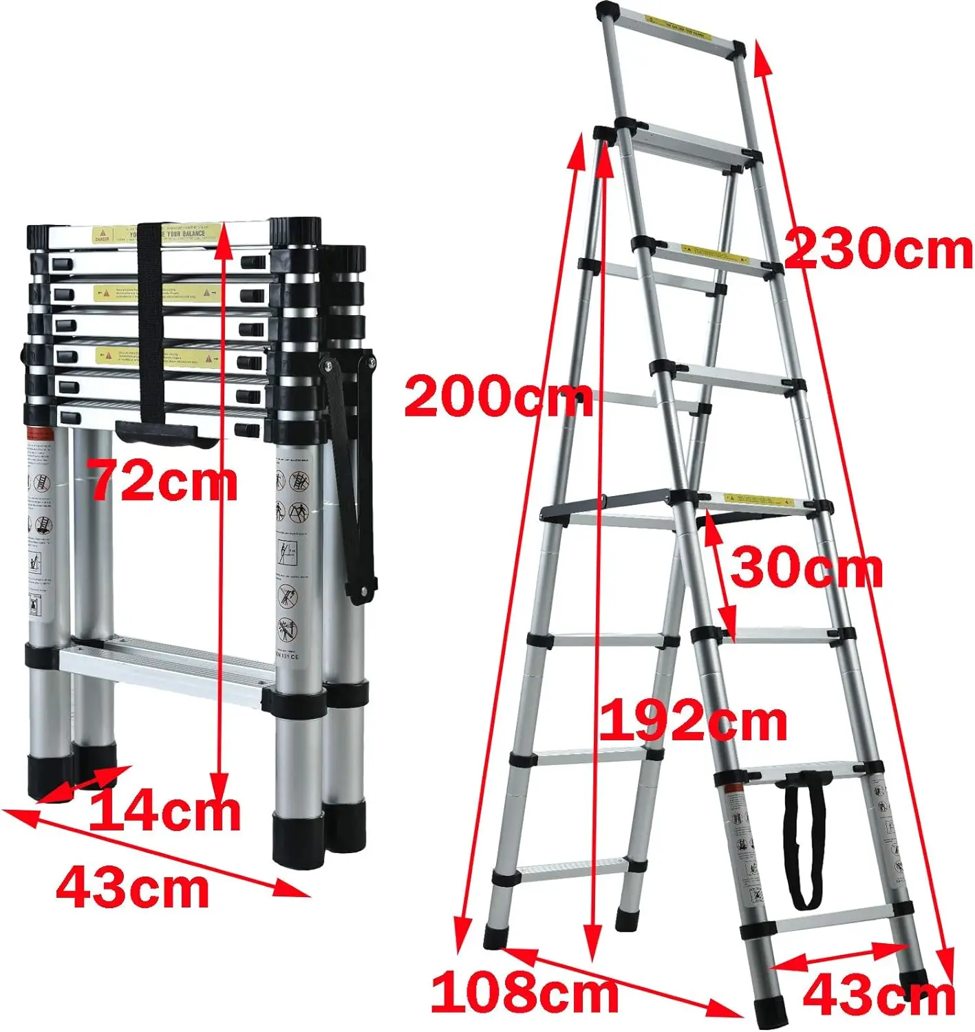 6+7 Steps Aluminium Extension Ladder Telescopic Ladder, Portable, A-Frame Multi-Purpose Anti-Slip Extendable Loft Ladder 150kg