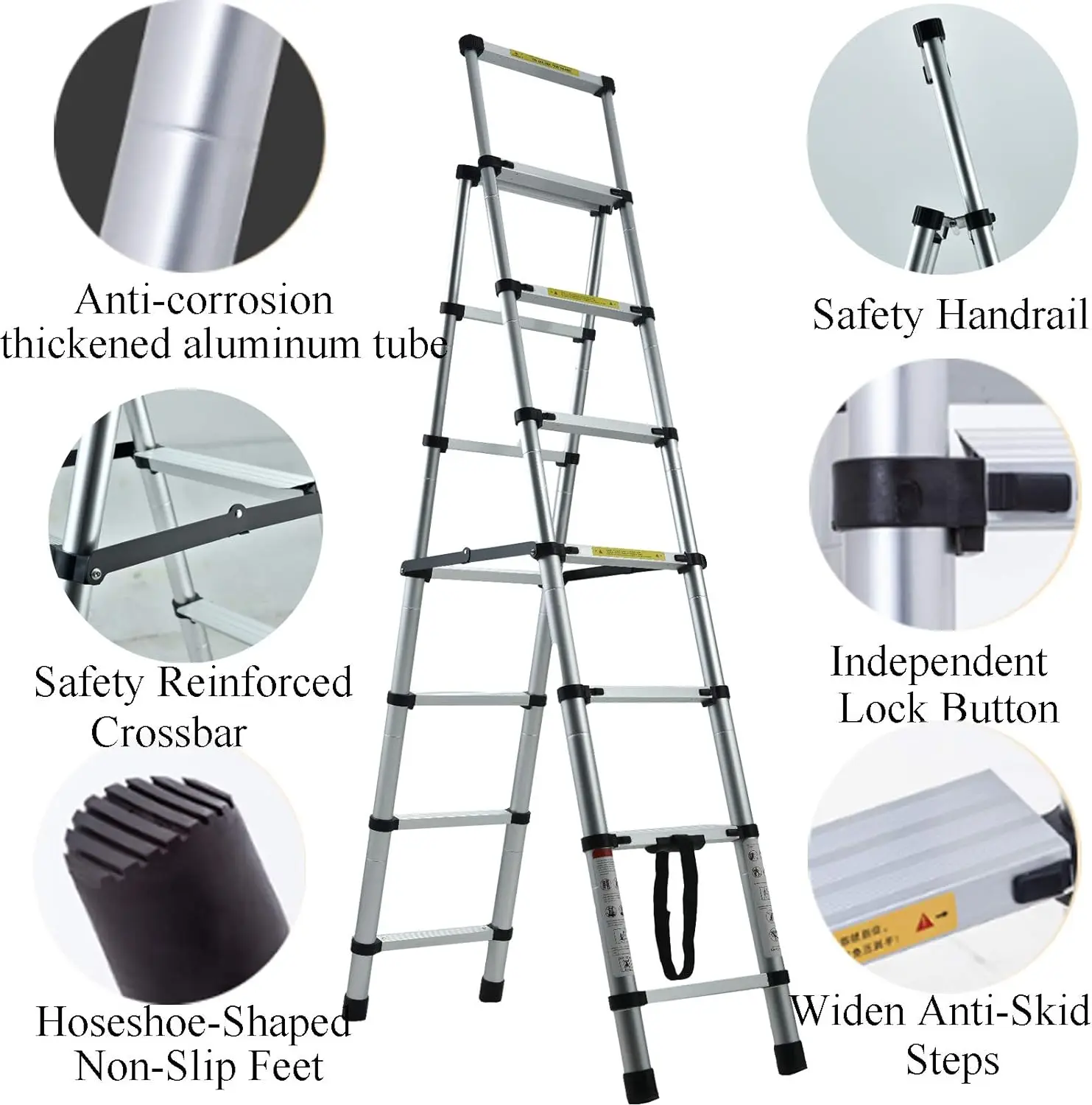 6+7 Steps Aluminium Extension Ladder Telescopic Ladder, Portable, A-Frame Multi-Purpose Anti-Slip Extendable Loft Ladder 150kg