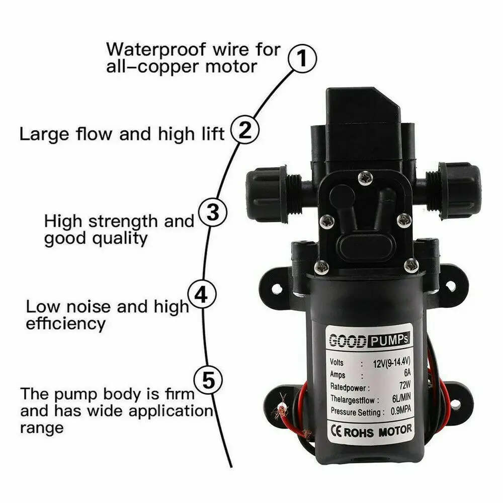 72W 12V Water Pump High Pressure Diaphragm Self-priming (No Pressure Switch) 7 160PSI 6L/Min RV Caravan