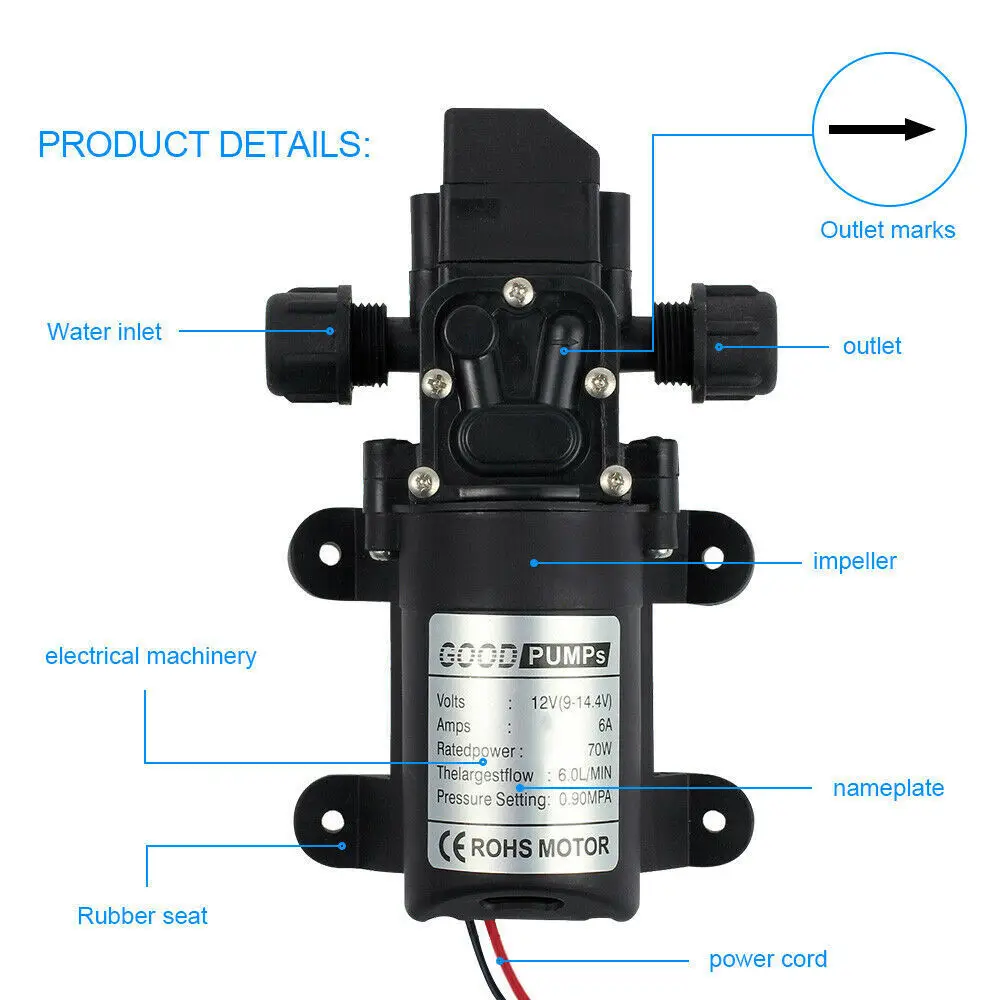 72W 12V Water Pump High Pressure Diaphragm Self-priming (No Pressure Switch) 7 160PSI 6L/Min RV Caravan