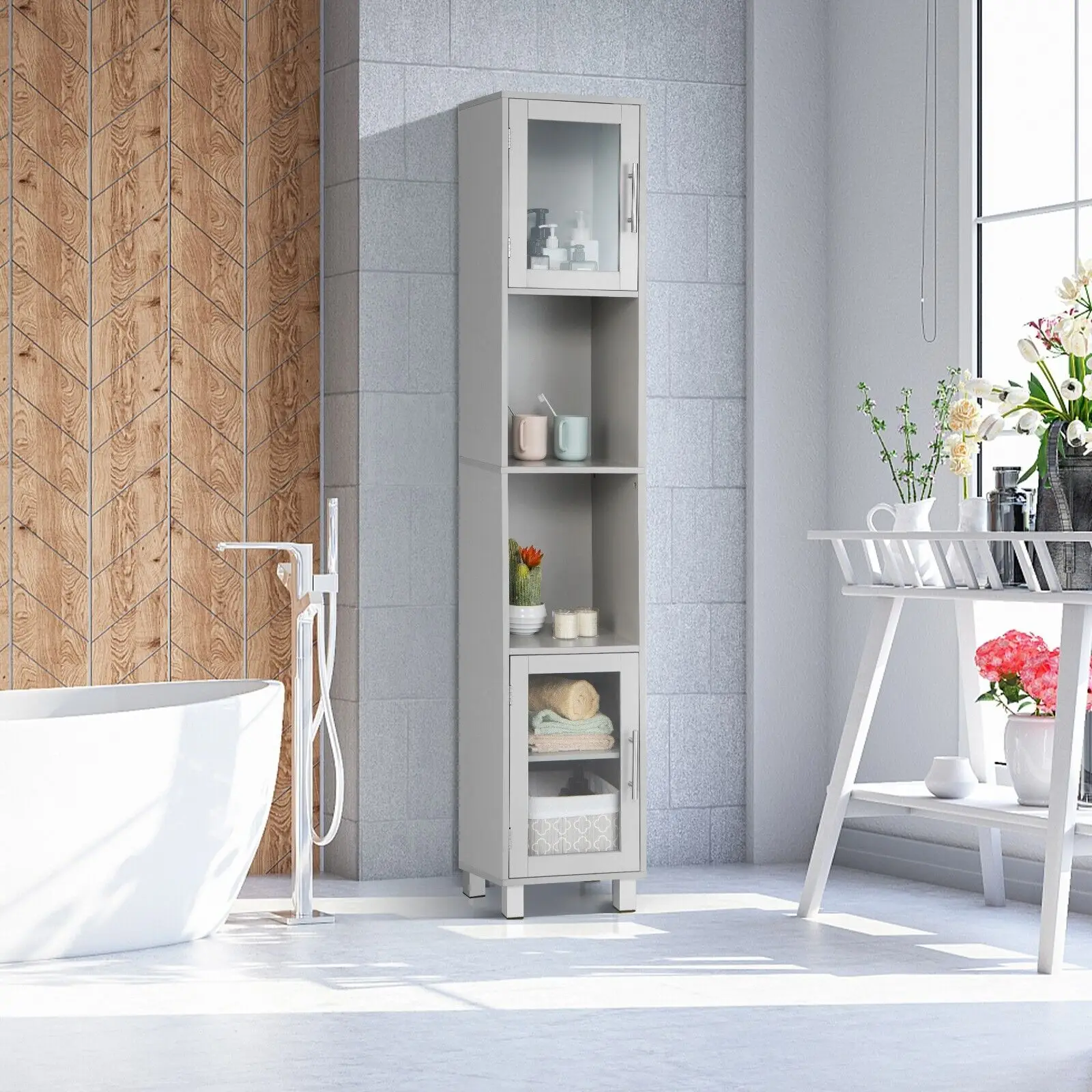 ERGOMASTER Bathroom Tall Cabinet Slim Freestanding Storage Organizer Cupboard 2 Glass Doors