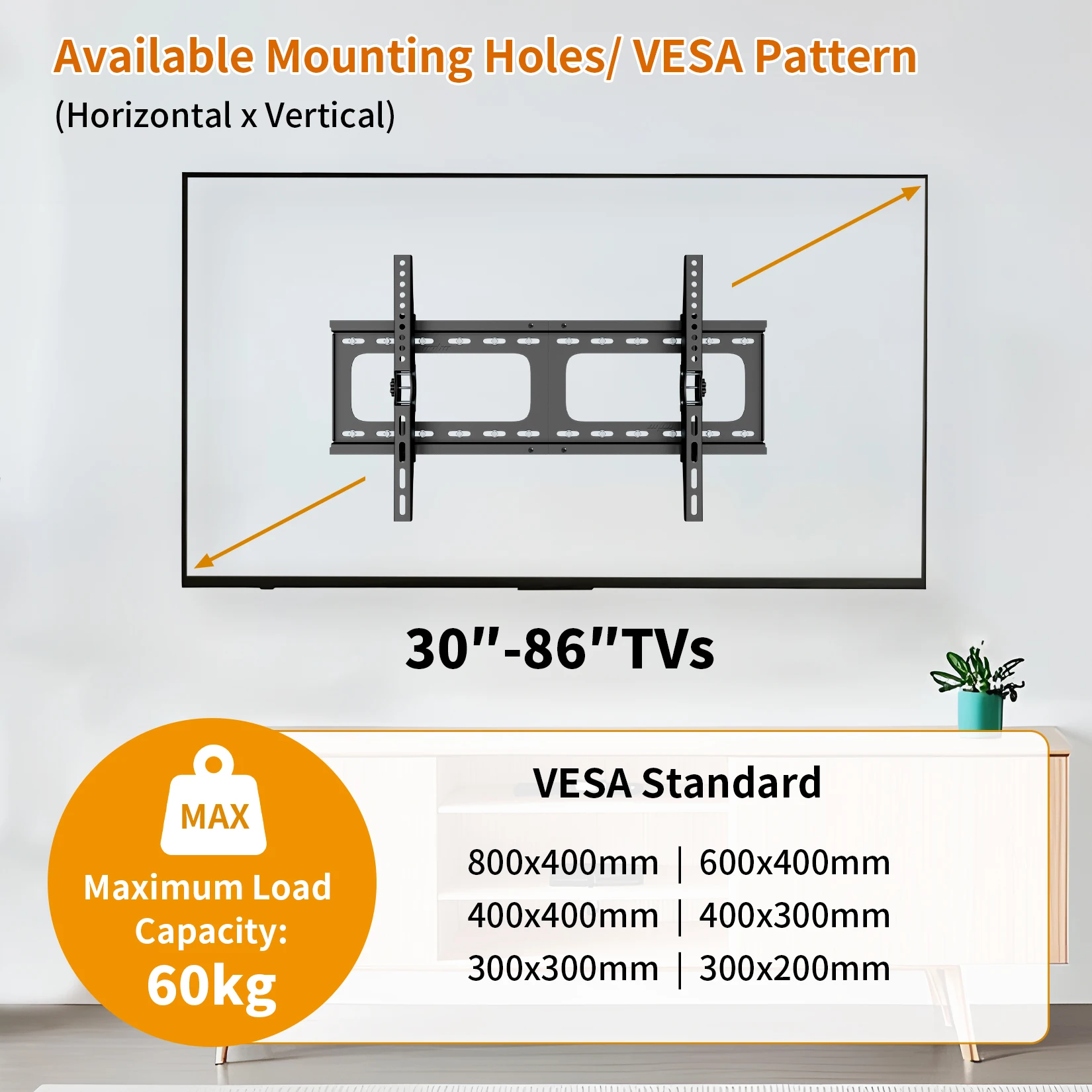 Ultra Slim Tilting TV Wall Mount Bracket Universal for 30-86 Inches Max Load 60kg