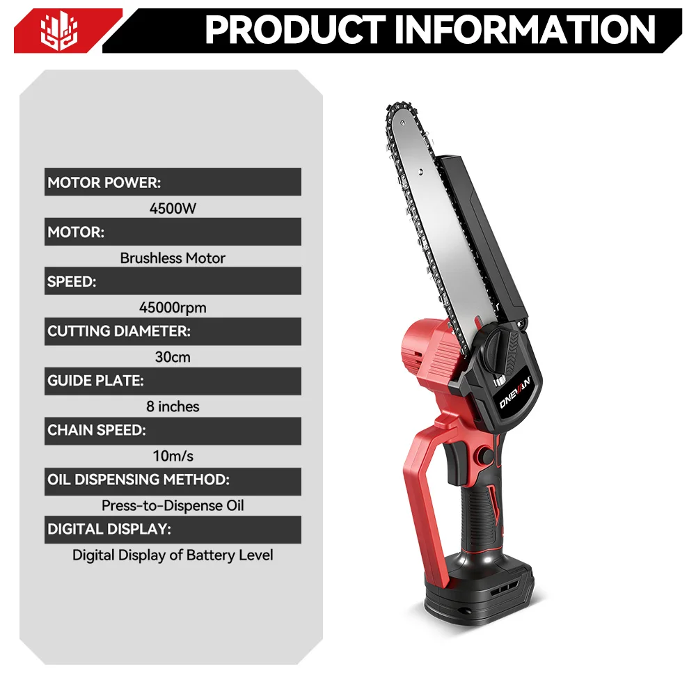 ONEVAN 8 Inch Brushless Electric Chainsaw Cordless Portable Electric Saw Woodworking Power Tool For Makita 18V Battery Pin
