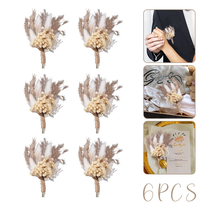 Mini Dried Flower Bouquet Set of 6 Boho Wedding Decor Boutonniere for Men Table Centerpieces Dry Pampas Grass Birthday Decor
