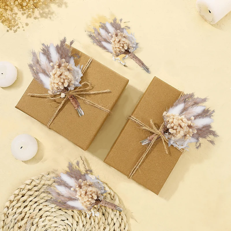 Mini Dried Flower Bouquet Set of 6 Boho Wedding Decor Boutonniere for Men Table Centerpieces Dry Pampas Grass Birthday Decor