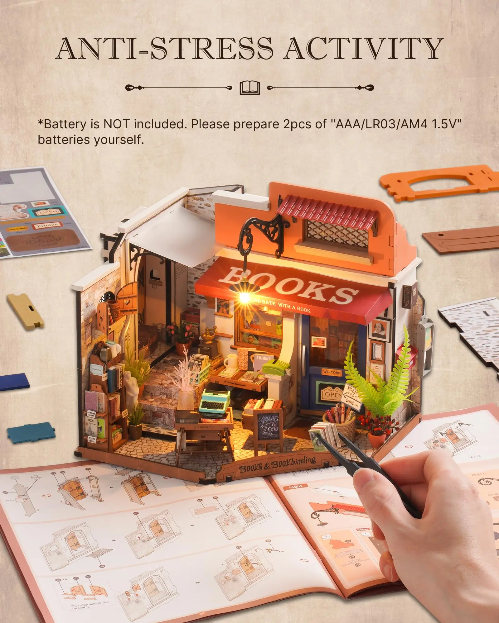Robotime Rolife Corner Bookstore DIY Miniature House Kit Build Mini House Building Kit with LED Lights Craft Gifts for Kids Girl