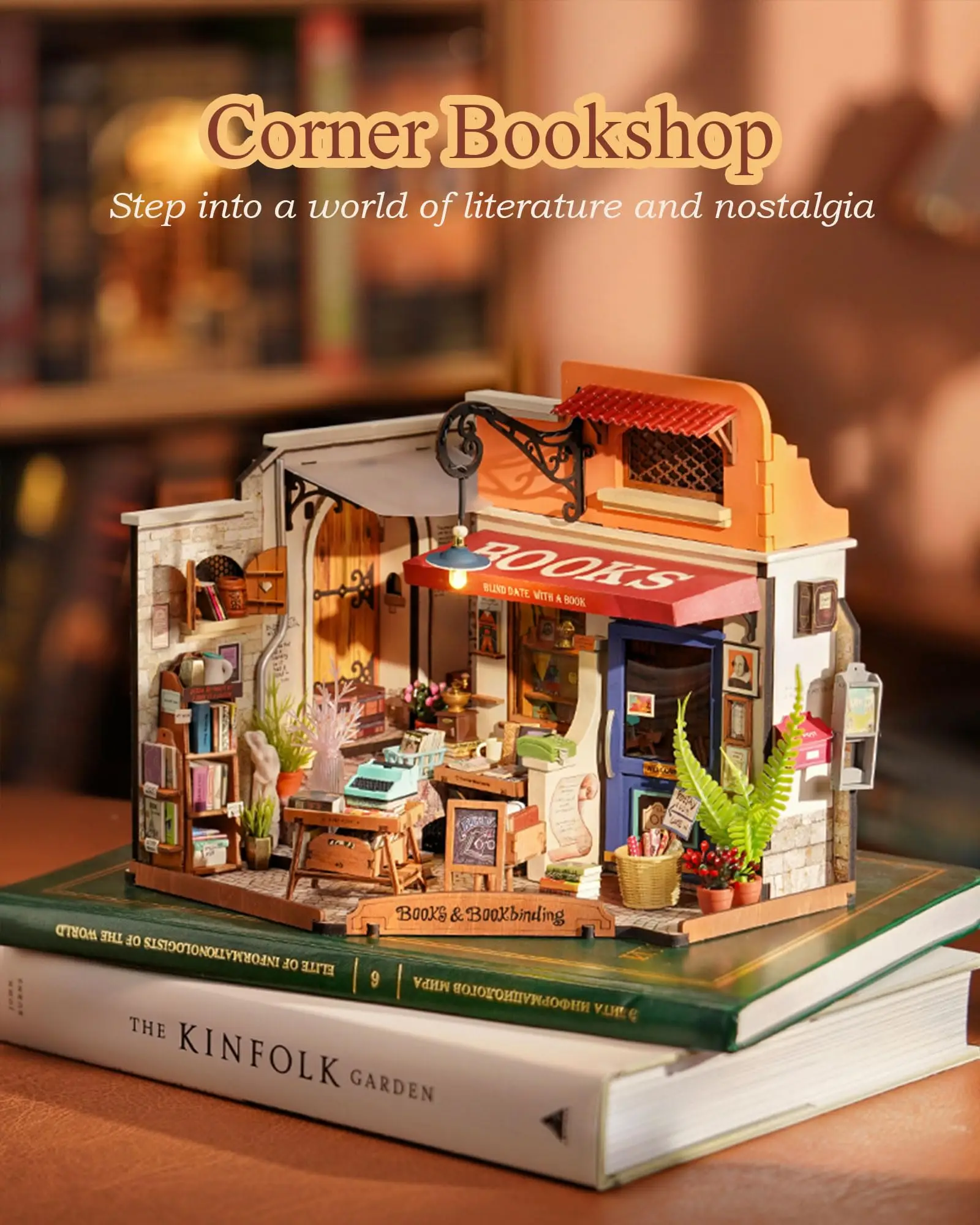 Robotime Rolife Corner Bookstore DIY Miniature House Kit Build Mini House Building Kit with LED Lights Craft Gifts for Kids Girl