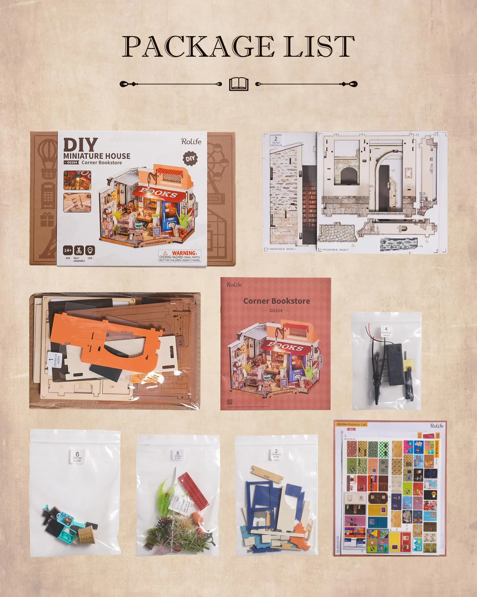 Robotime Rolife Corner Bookstore DIY Miniature House Kit Build Mini House Building Kit with LED Lights Craft Gifts for Kids Girl