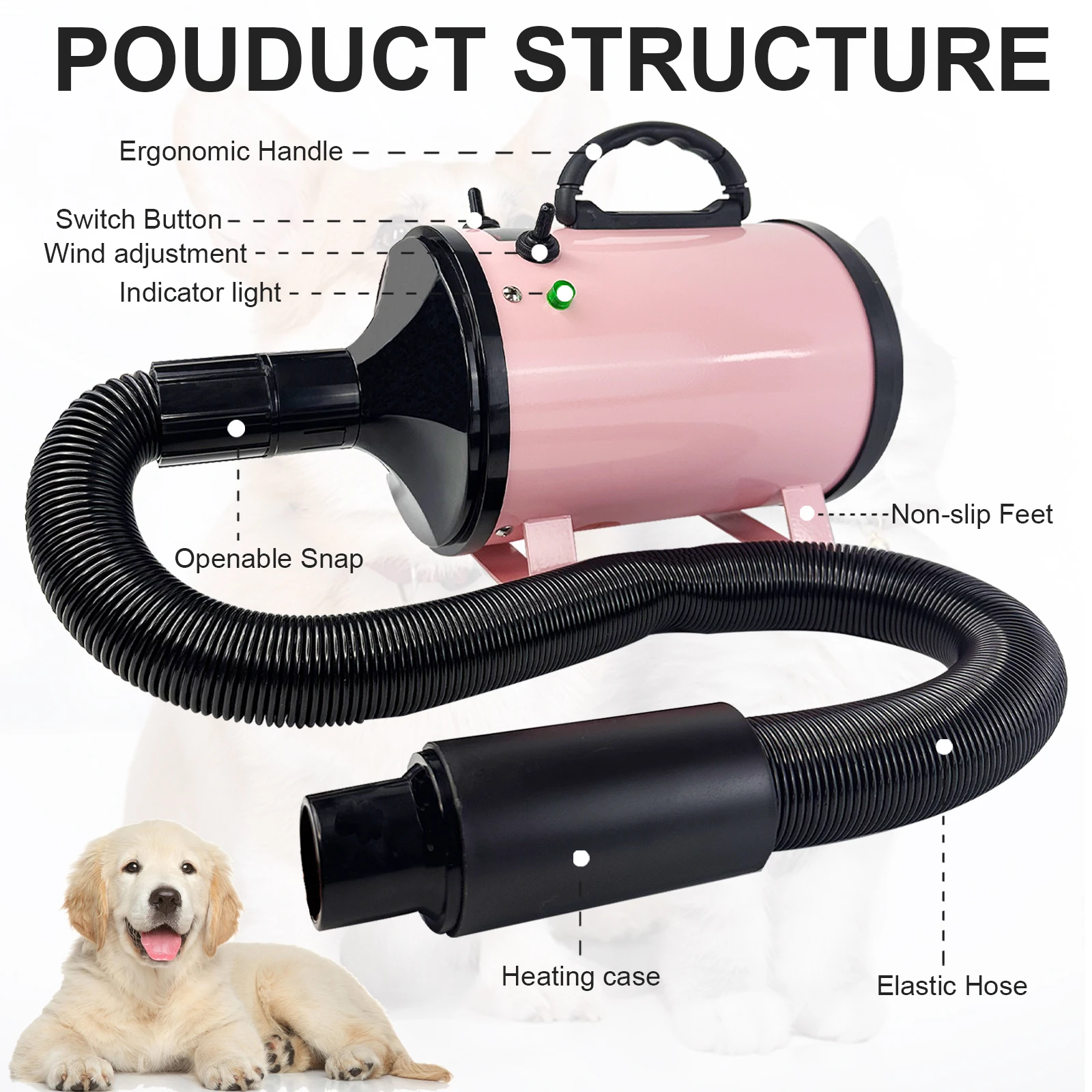 Dog Hair Dryer Professional 2800W Low Noise with 3 Nozzles & Extendable Hose Animal Fur Heater Hairdryer Grooming Blaster