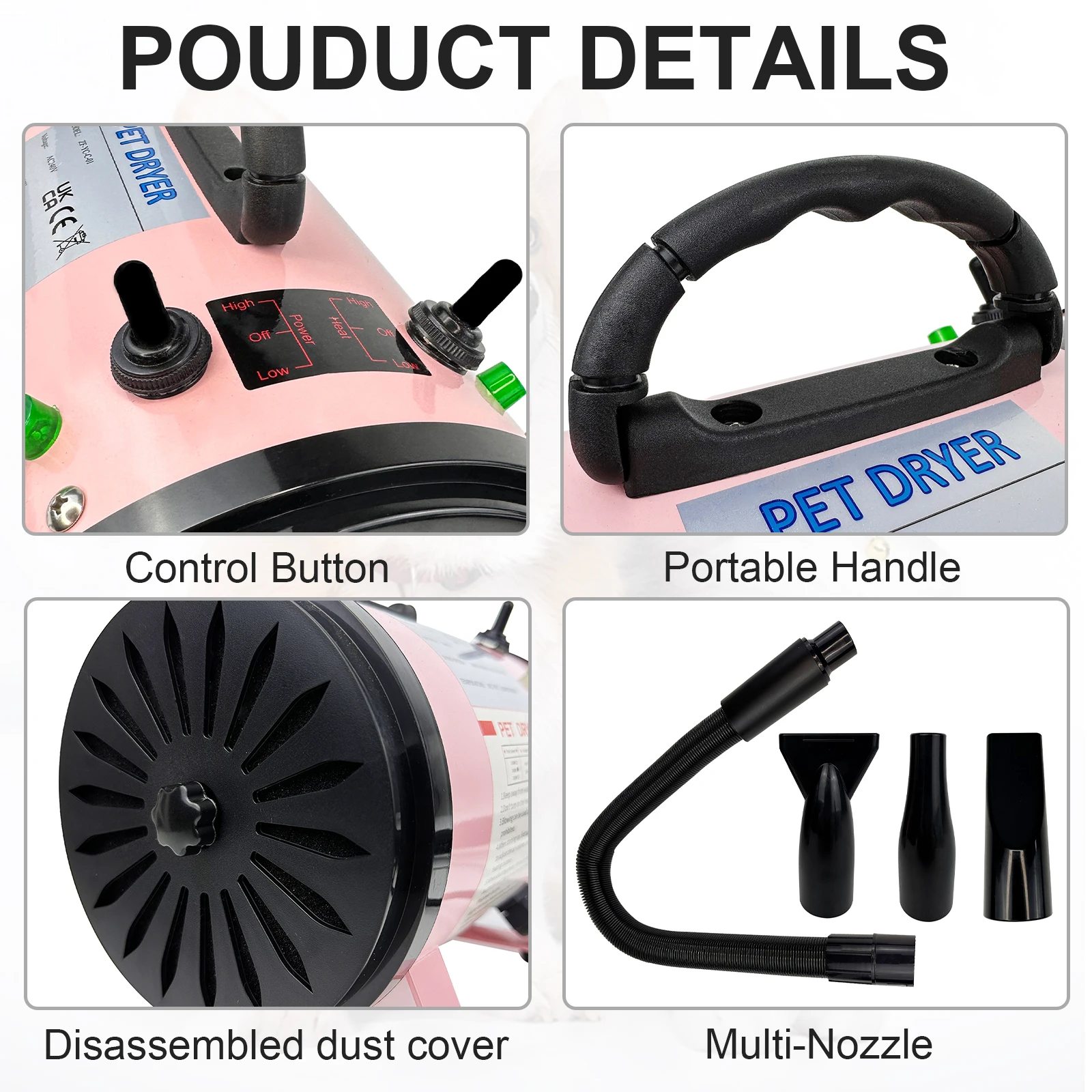 Dog Hair Dryer Professional 2800W Low Noise with 3 Nozzles & Extendable Hose Animal Fur Heater Hairdryer Grooming Blaster