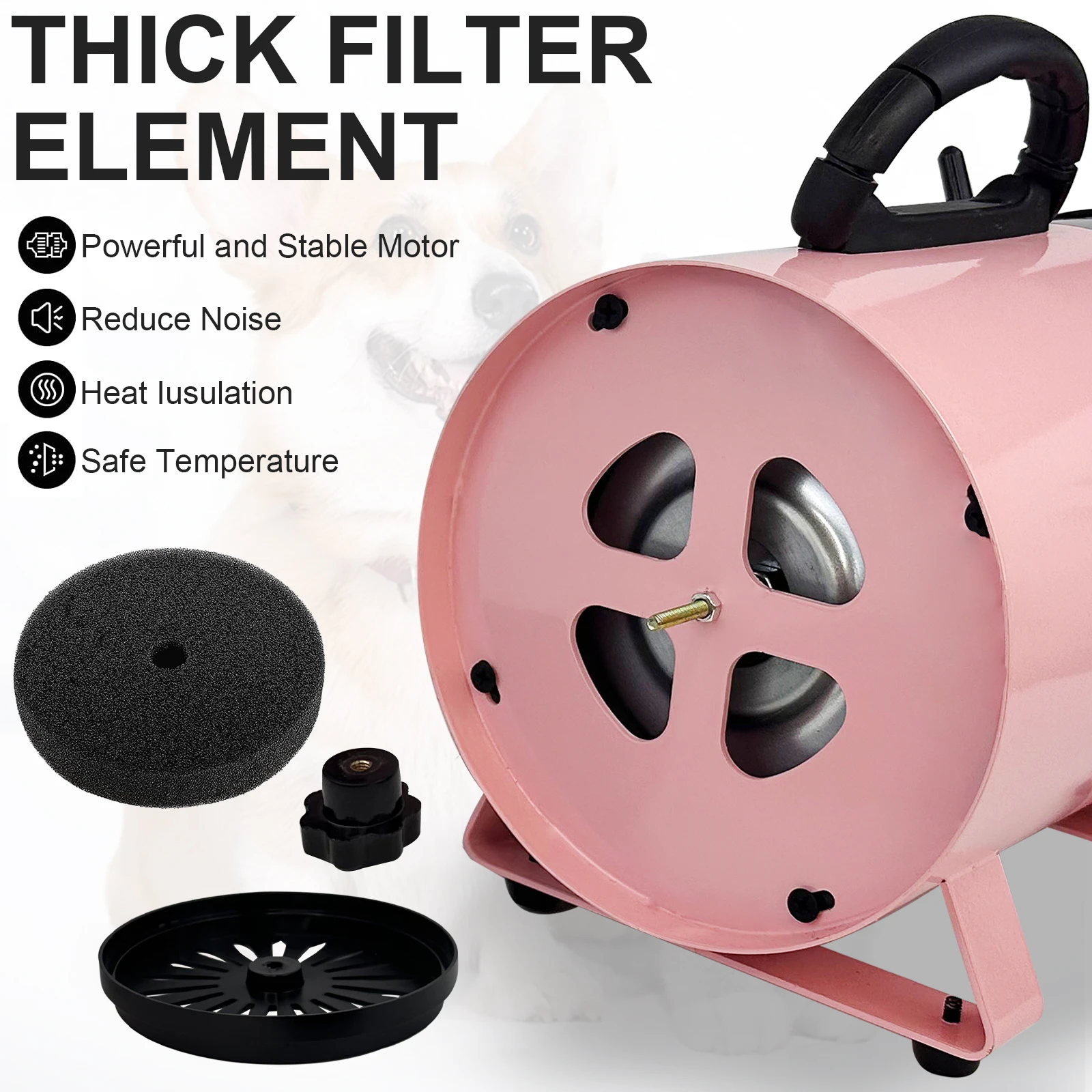 Dog Hair Dryer Professional 2800W Low Noise with 3 Nozzles & Extendable Hose Animal Fur Heater Hairdryer Grooming Blaster
