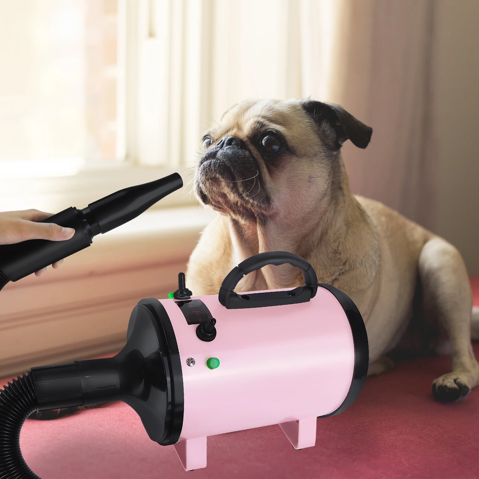 Dog Hair Dryer Professional 2800W Low Noise with 3 Nozzles & Extendable Hose Animal Fur Heater Hairdryer Grooming Blaster