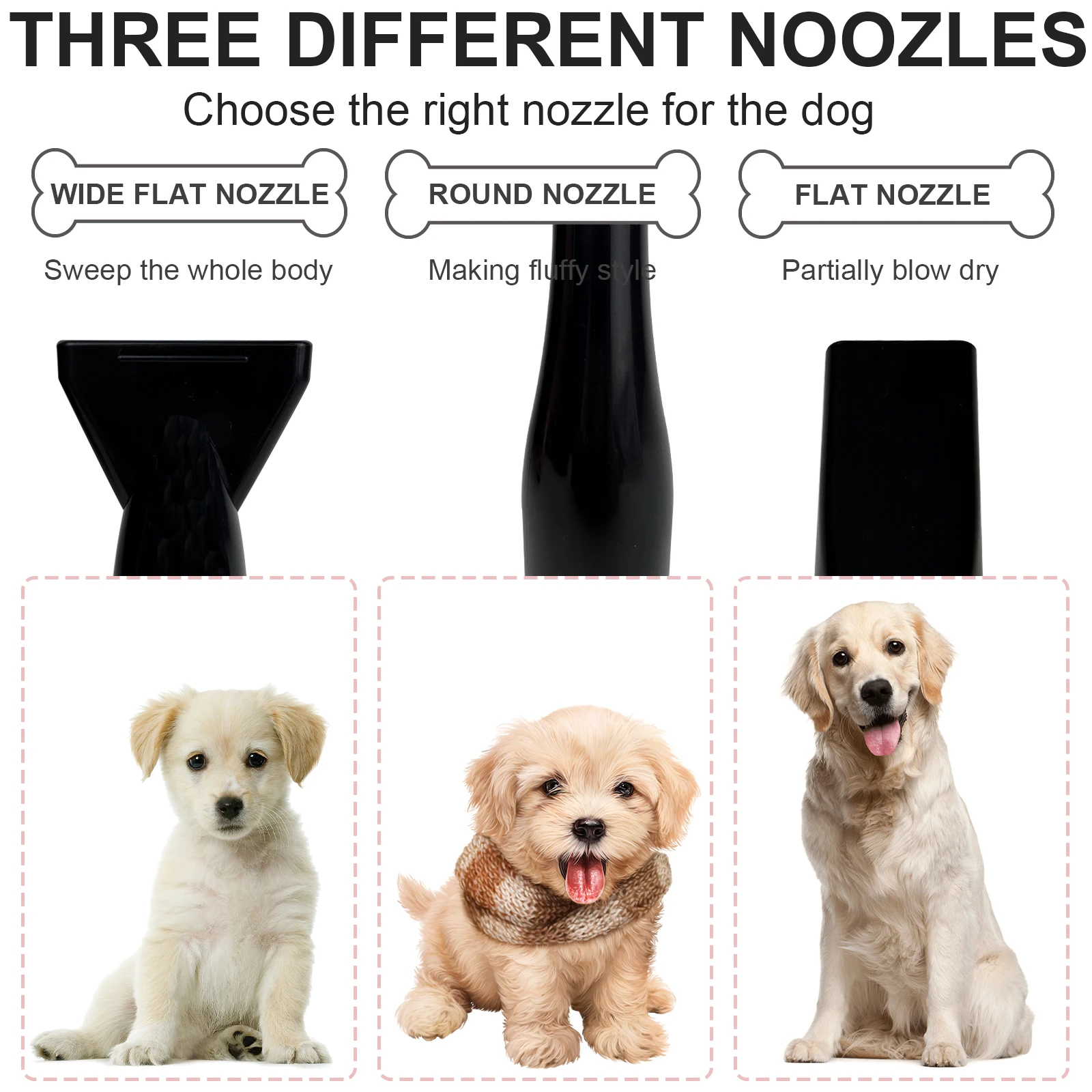 Dog Hair Dryer Professional 2800W Low Noise with 3 Nozzles & Extendable Hose Animal Fur Heater Hairdryer Grooming Blaster