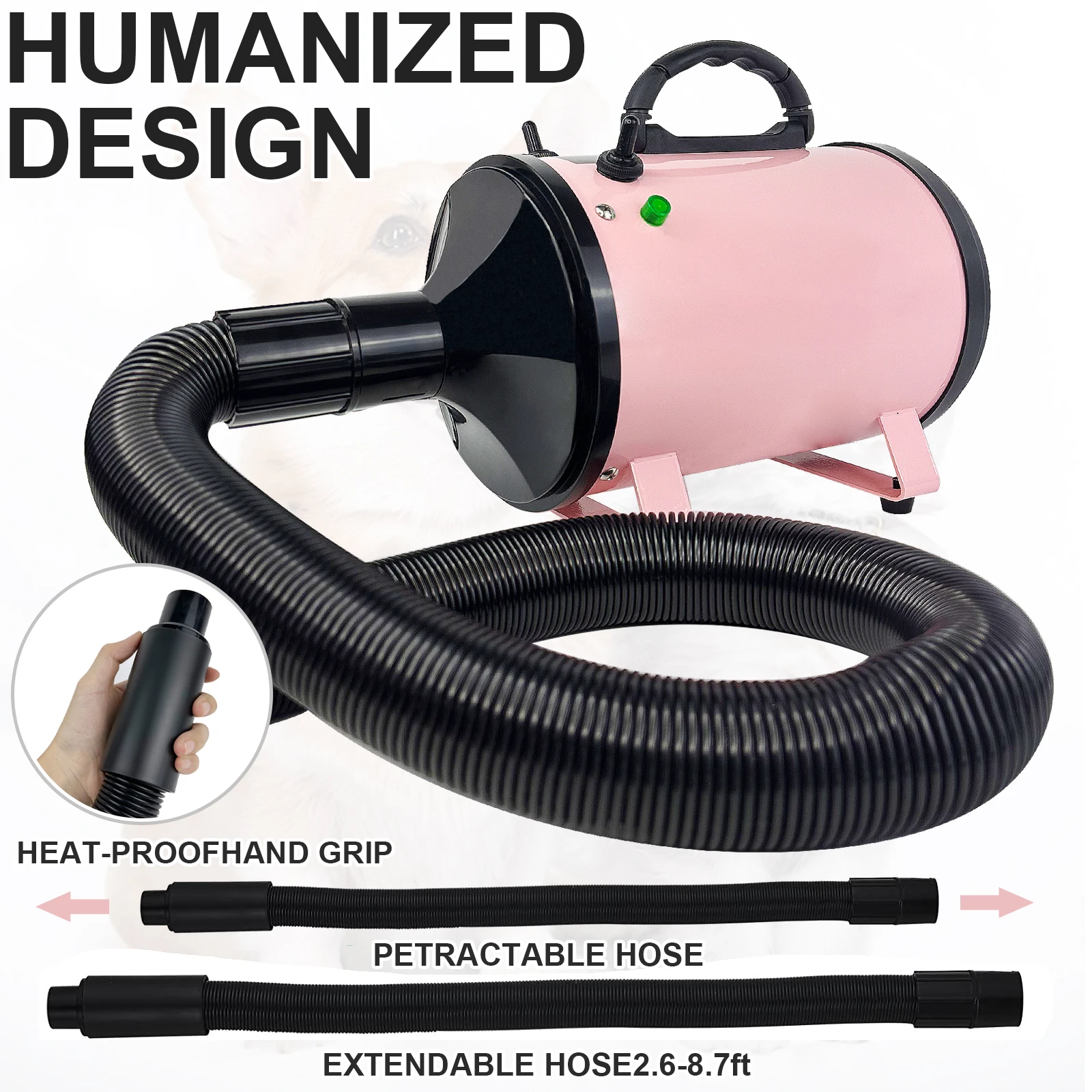 Dog Hair Dryer Professional 2800W Low Noise with 3 Nozzles & Extendable Hose Animal Fur Heater Hairdryer Grooming Blaster