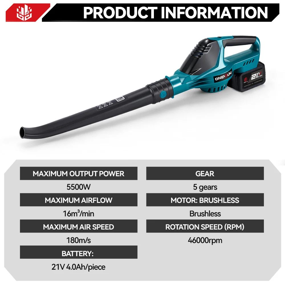 ONEVAN 5500W Brushless Electric Air Blower 46000RPM Cordless Leaf Dust Snow Blowing Clean Power Tool For Makita 18V Battery Pin