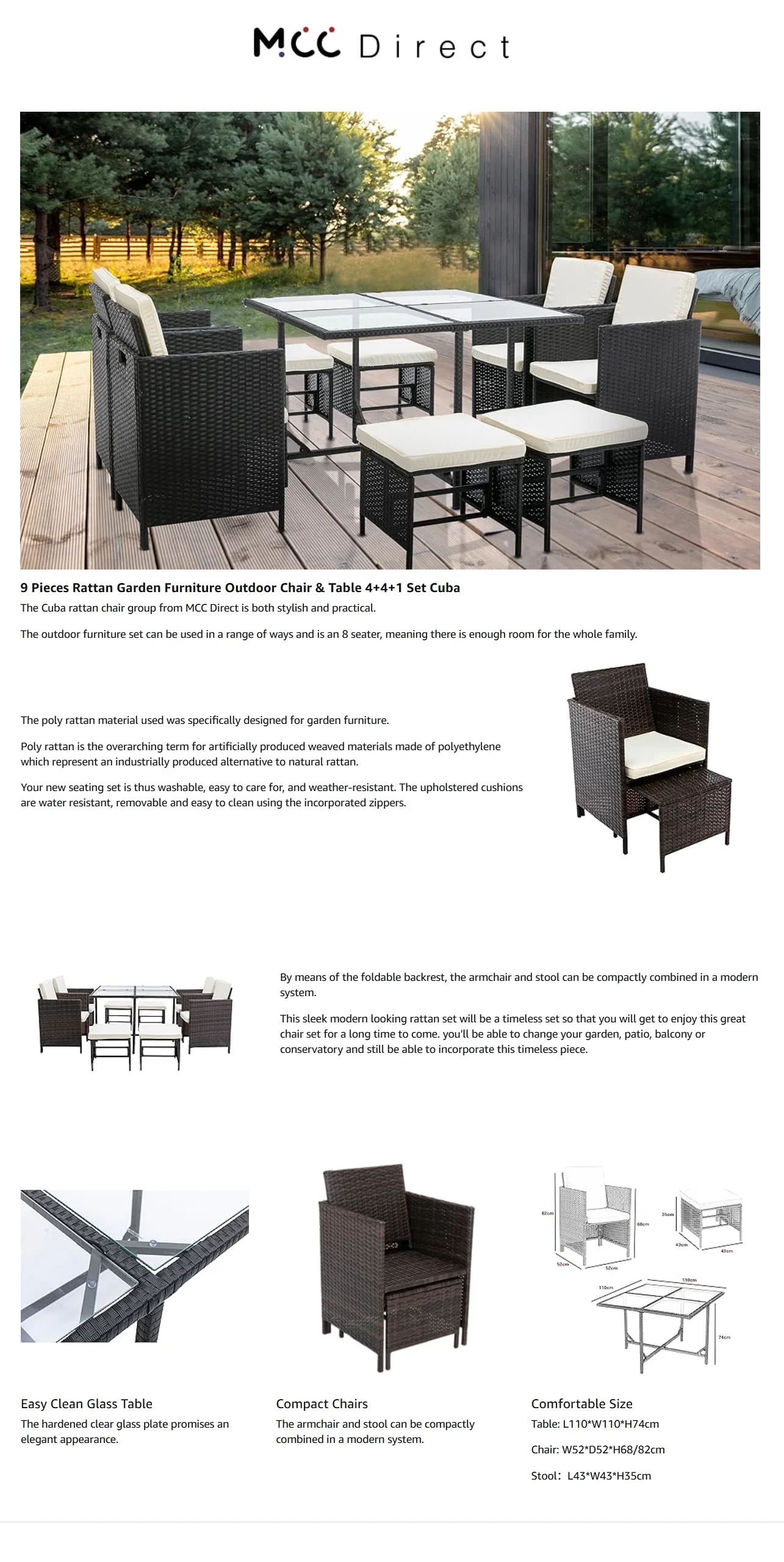 mcc direct 4Pcs Rattan Garden Furniture Set, Patio Rattan furniture sofa 2 Armchairs, 1 Loveseat Sofa and 1 coffee table Sofia