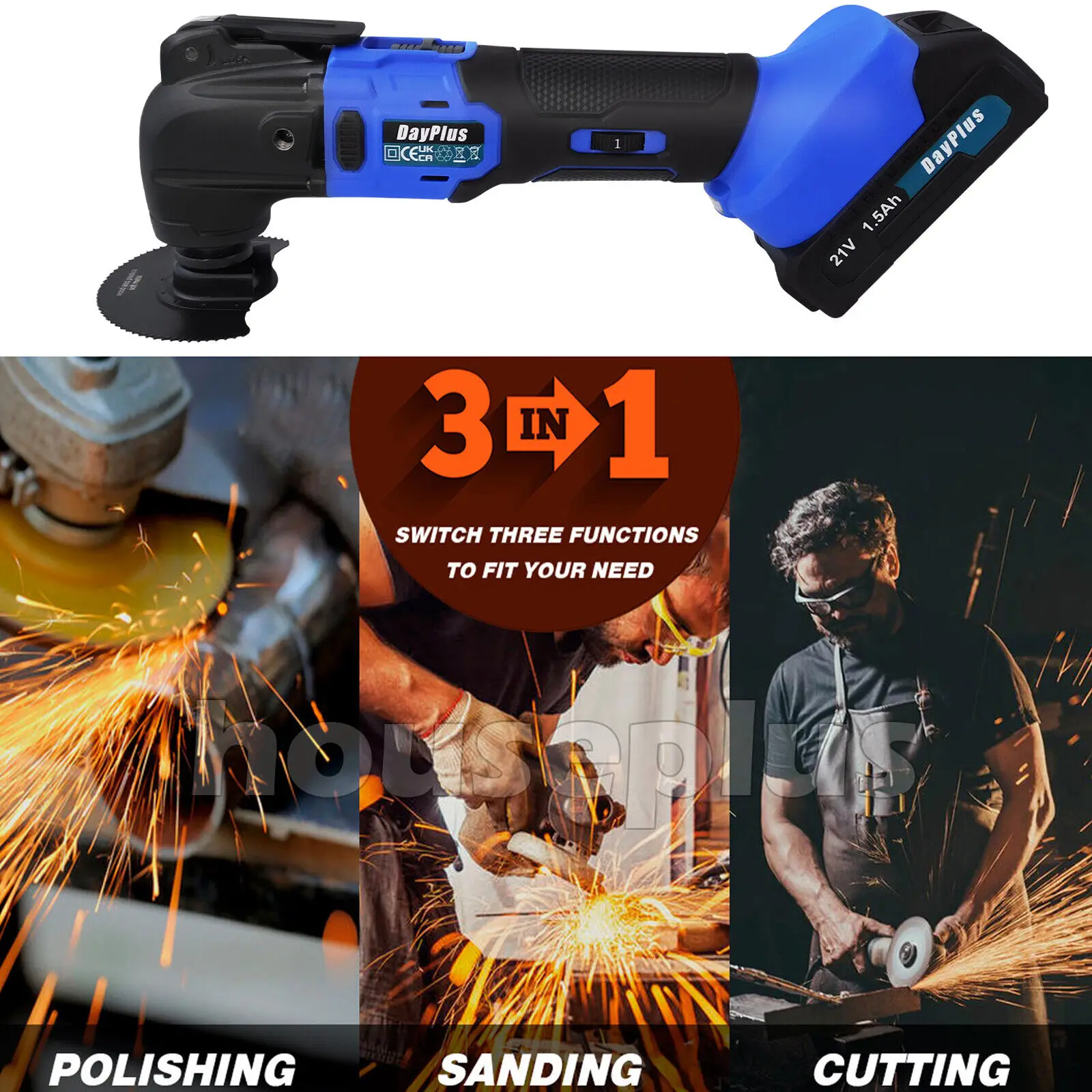 300W Cordless Oscillating Tool, Brushless Motor, 21V 1.5AH Battery, 20000RPM, Oscillating Angle:4°, 6 Variable Speed