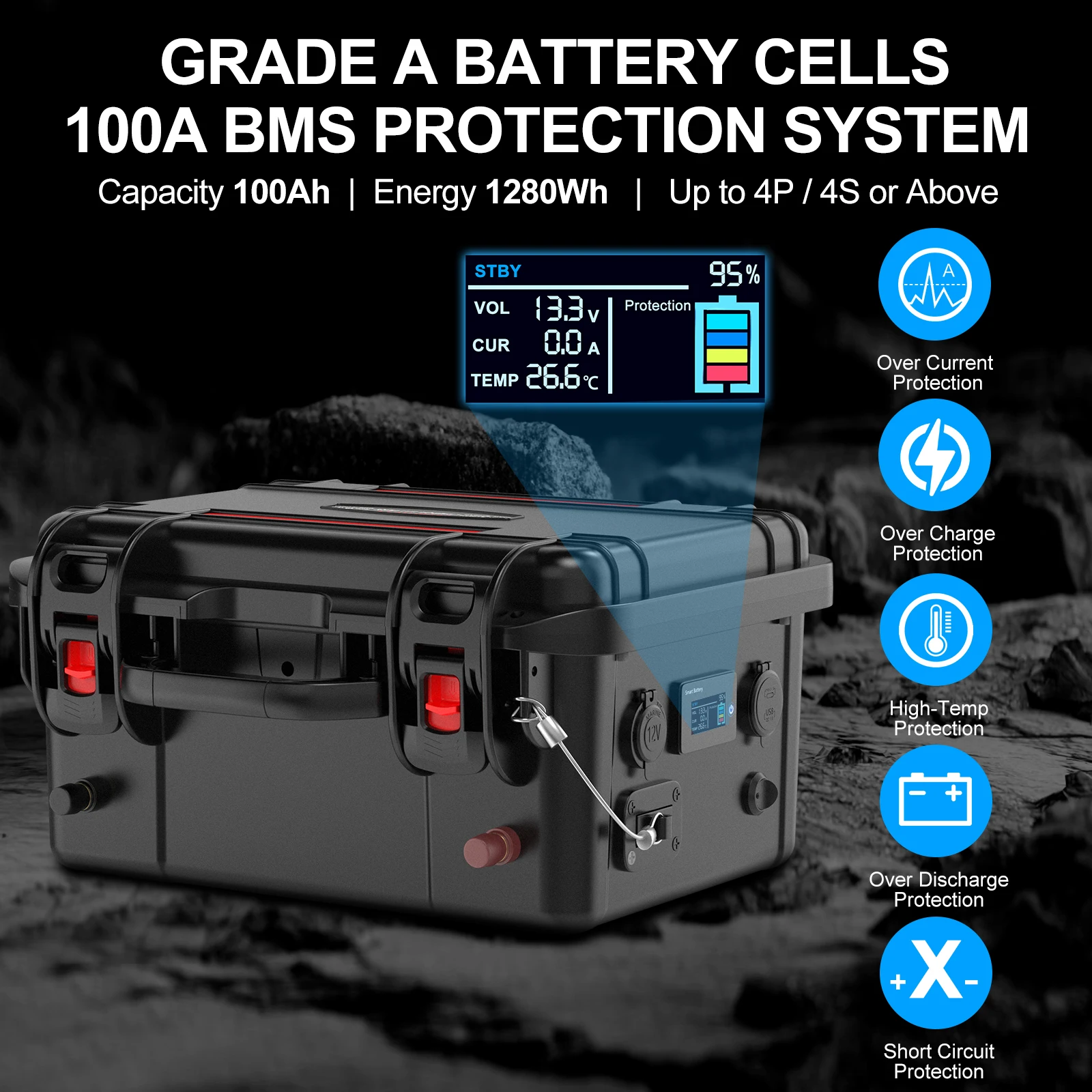 Lifepo4 Battery 12v 100ah 120Ah 200Ah 300Ah 6000+ Cycle Rechargeable Battery Built-in BMS Bluetooth for Solar RV  Fish Finder