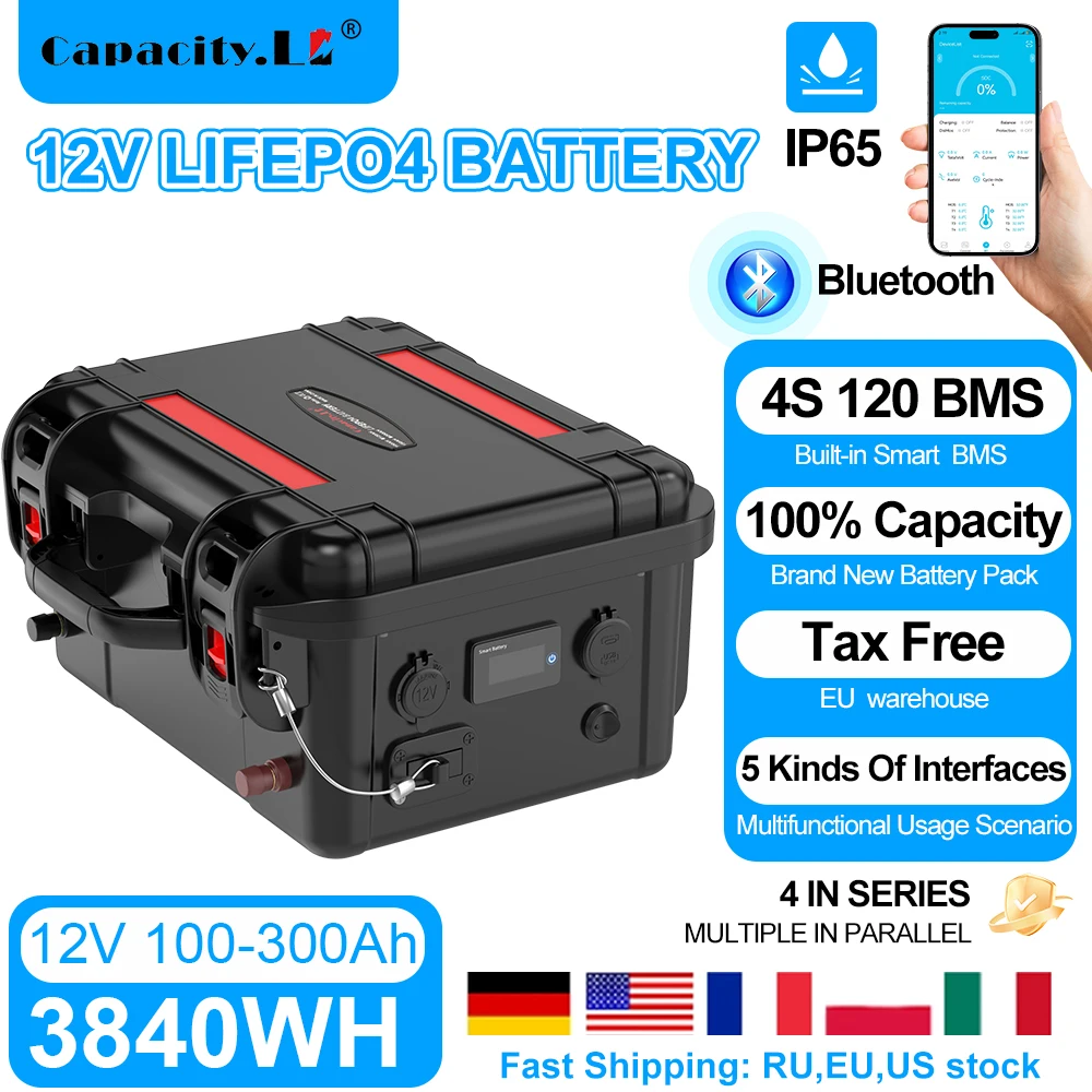Lifepo4 Battery 12v 100ah 120Ah 200Ah 300Ah 6000+ Cycle Rechargeable Battery Built-in BMS Bluetooth for Solar RV  Fish Finder