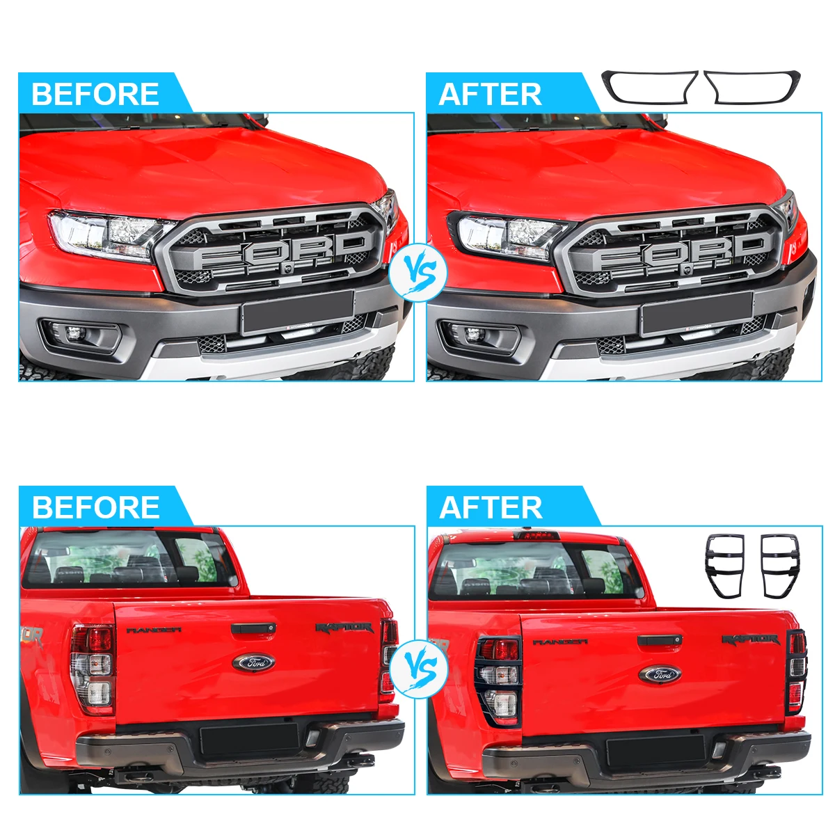 Headlight Cover+Tail Lights Cover Set for Ford Ranger Raptor 2018 2019 2022 Matte Black Rear+Front Lamp Hoods Auto Accessories