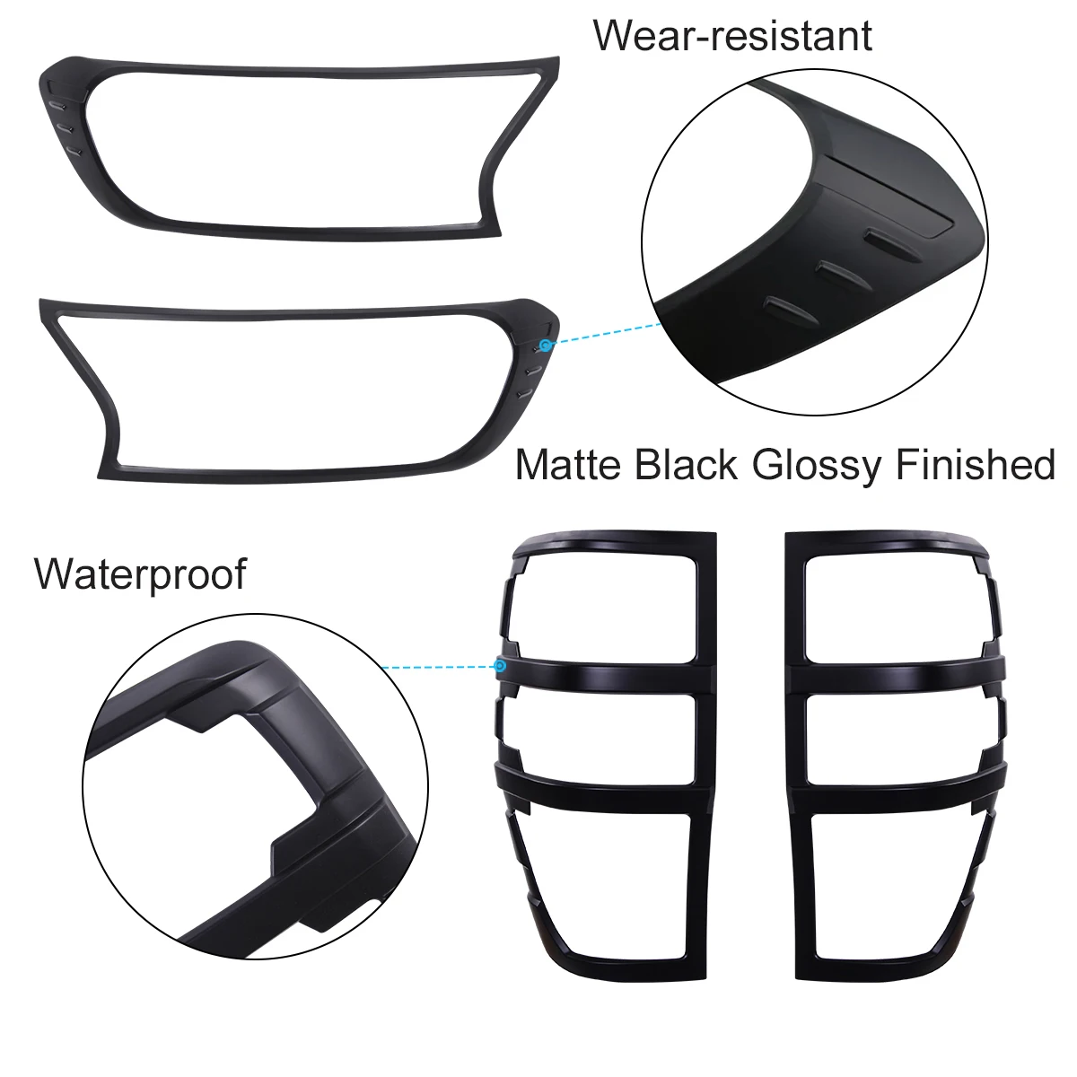 Headlight Cover+Tail Lights Cover Set for Ford Ranger Raptor 2018 2019 2022 Matte Black Rear+Front Lamp Hoods Auto Accessories