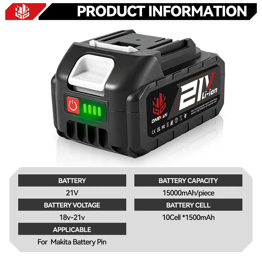 21V Rechargeable 21V Lithium Ion Battery 15000mah Li-lon Battery With Battery Indicator For 21V BL1850 BL1840 Power Tools