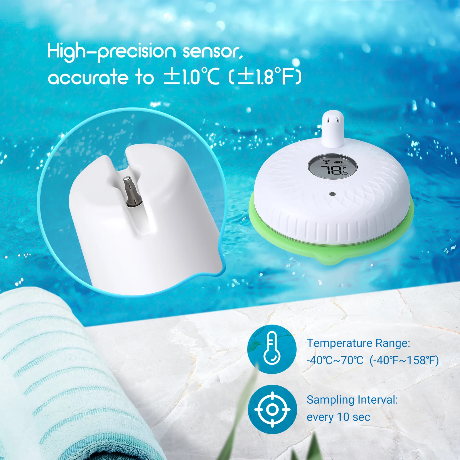 INKBIRD Wireless Pool Thermometer with Outdoor Receiver Up To 300Ft Transmission Floating Thermometer for Swimming Pool Hot Tub