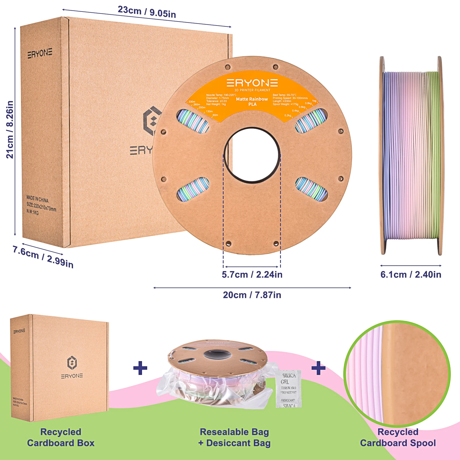 ERYONE Promotion PLA Matte Rainbow 1/2/3/5/10KG 1.75mm ±0.03mm Filament For 3D Printer Macaron Watercolor Filament High Quality