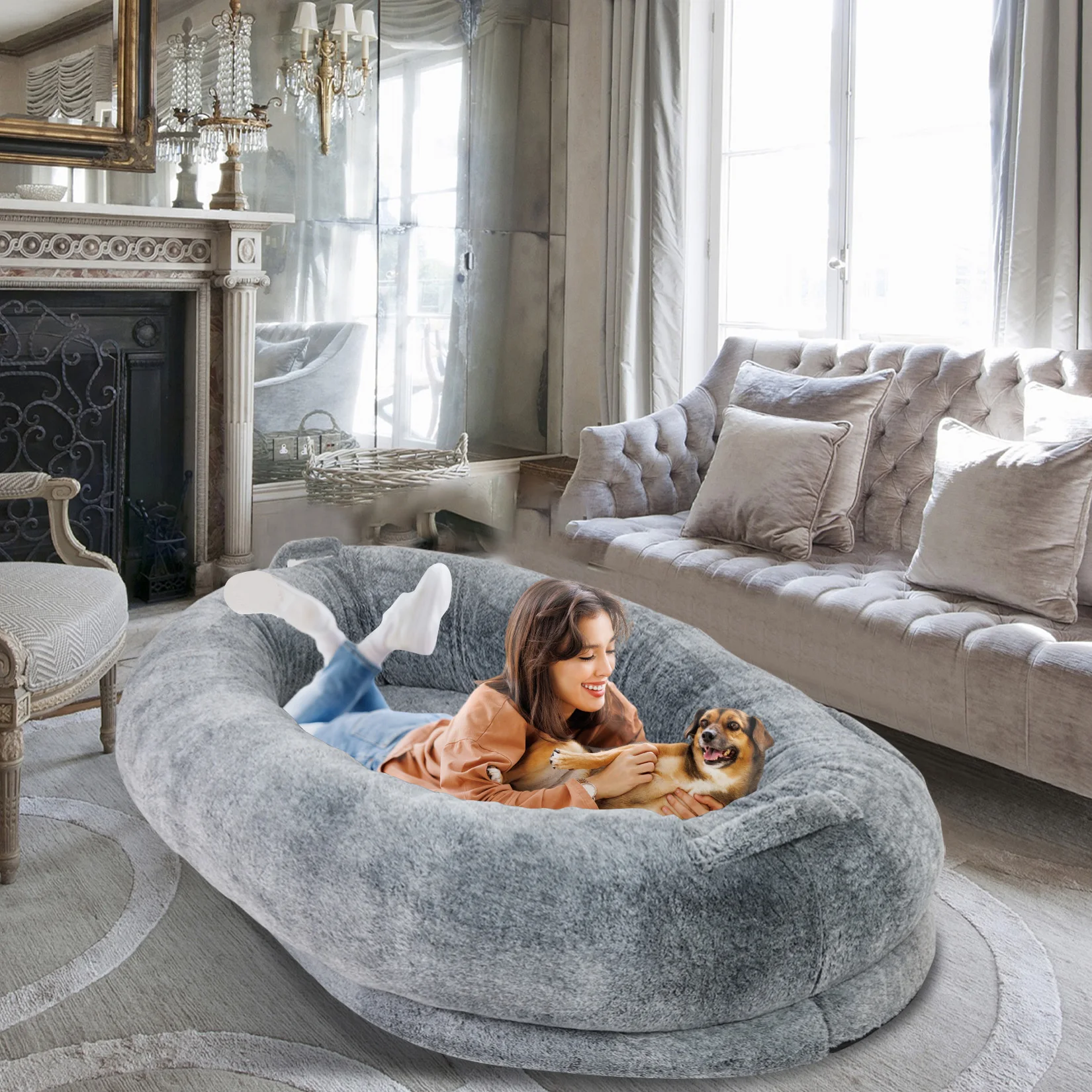 Large Human Dog Bed 66"x43"x17" Human-Sized Big Dog Bed for Adults&Pets Giant Beanbag Bed with Washable Fur Cover and Blanket