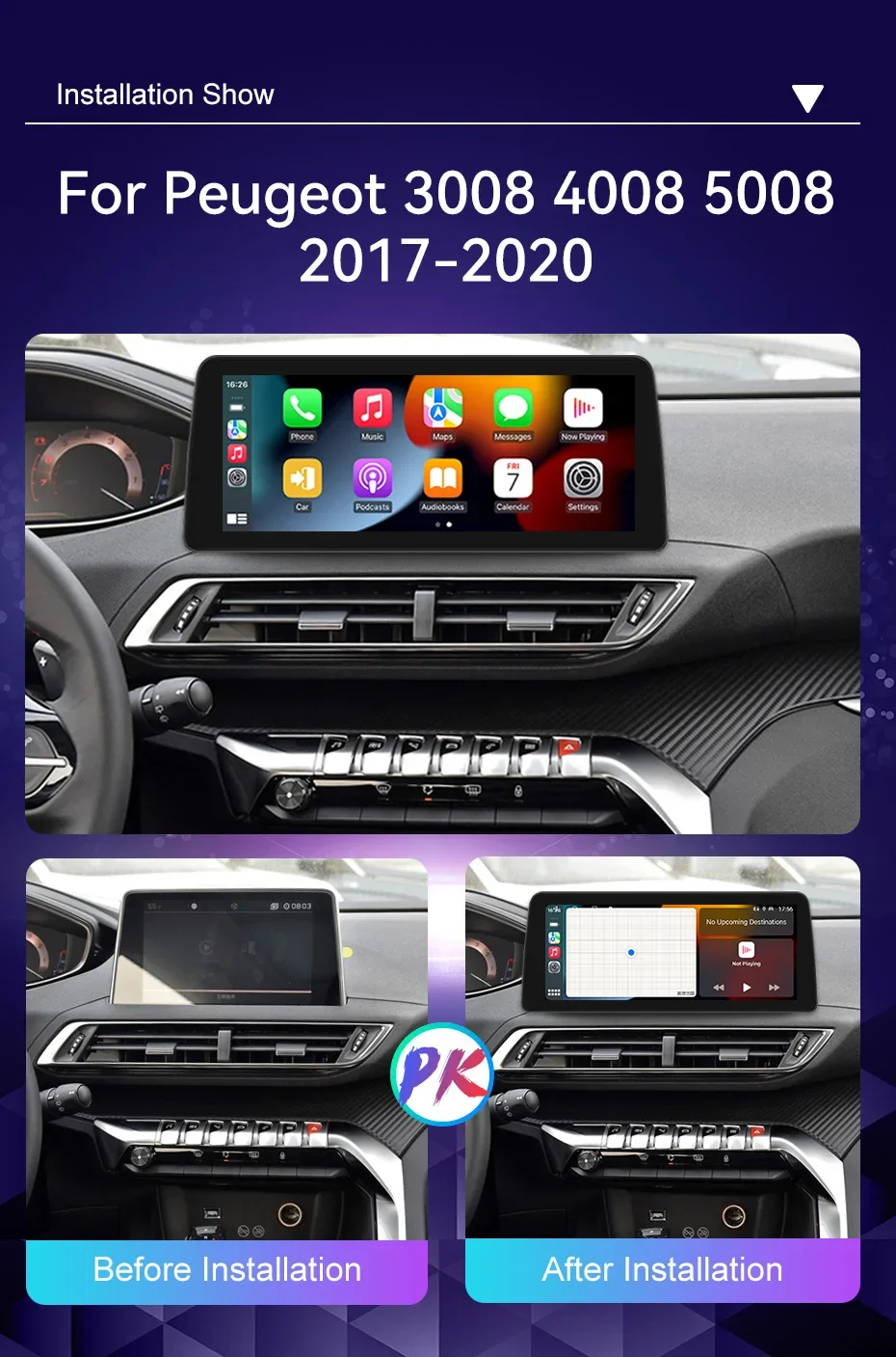 CarPlay DSP 12.3" QLED 720P 360 8G+256G Carplay Android 14.0 Car Player GPS WIFI autoradio For Peugeot 3008 4008 5008 2017-2020