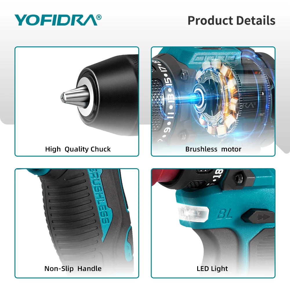 YOFIDRA 2 IN1 Brushless Electric Screwdriver Hammer Cordless Drill Impact Multifunctional Power Tool For Makita 21V Battery Pin