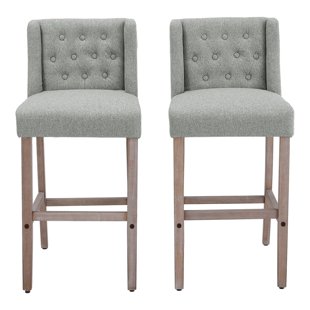 Voltsify Rustic Set of 2 Bar Stools Linen Tufted with Wood Legs