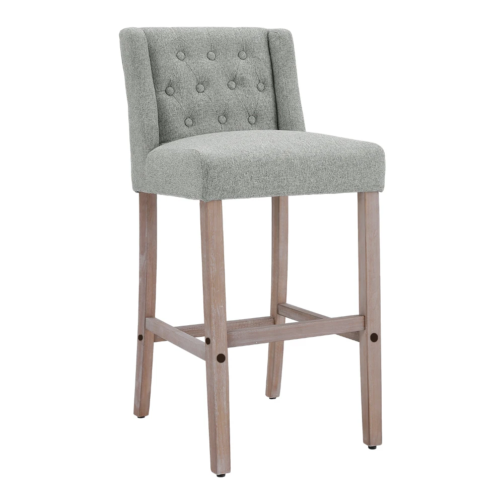 Voltsify Rustic Set of 2 Bar Stools Linen Tufted with Wood Legs