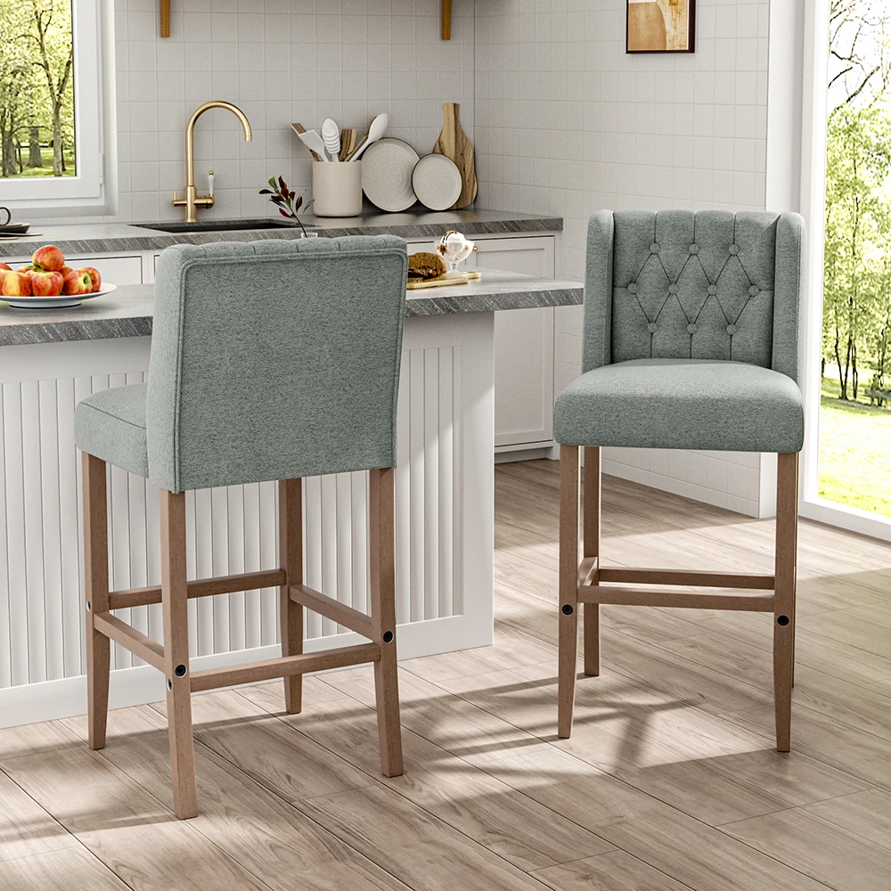 Voltsify Rustic Set of 2 Bar Stools Linen Tufted with Wood Legs